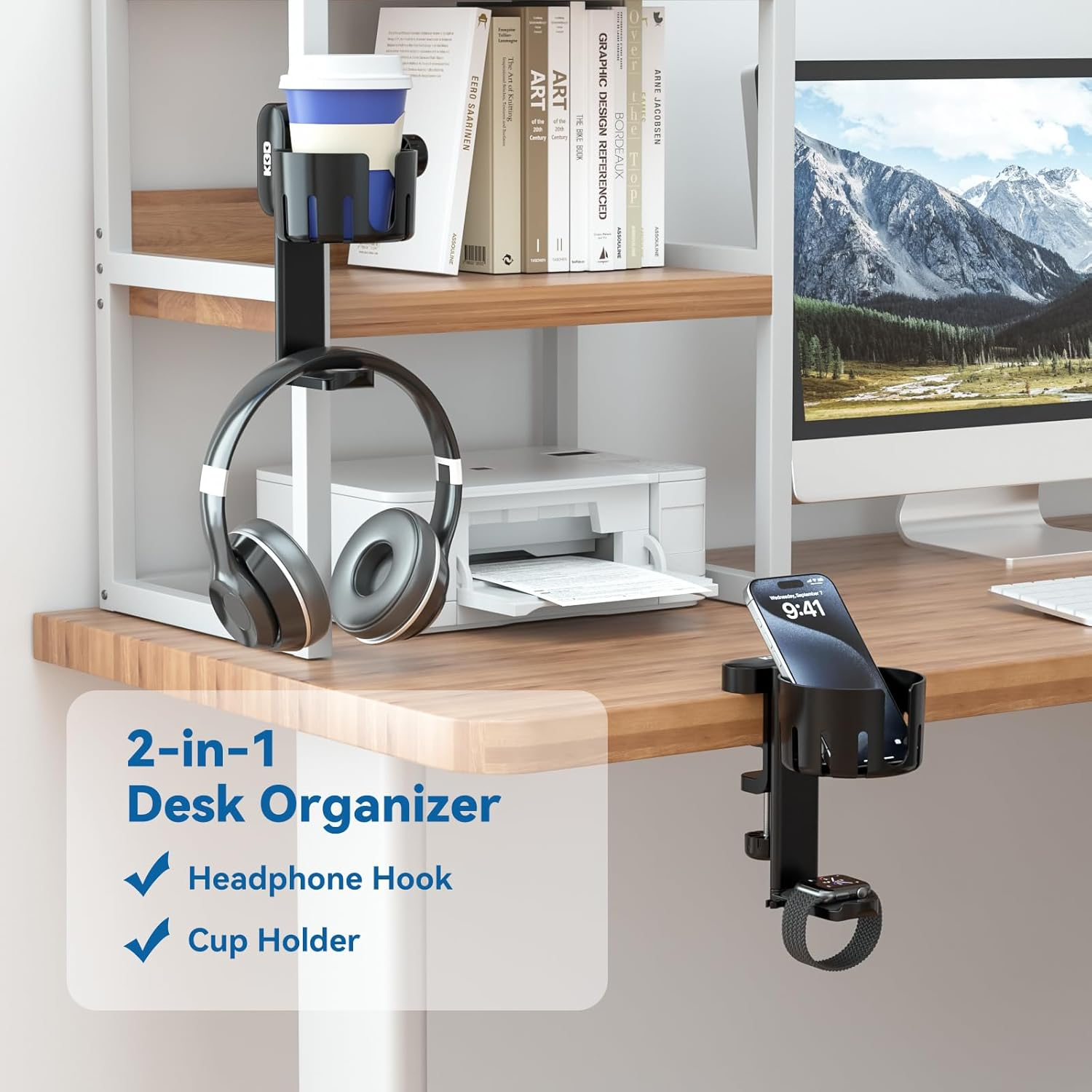 KDD 2 in 1 Headphone Hanger with Desk Cup Holder - under Desk Clamp Rotatable Headset Holder - Suitable for Coffee Mups, Water Cups, Headphone(Black) image number 6