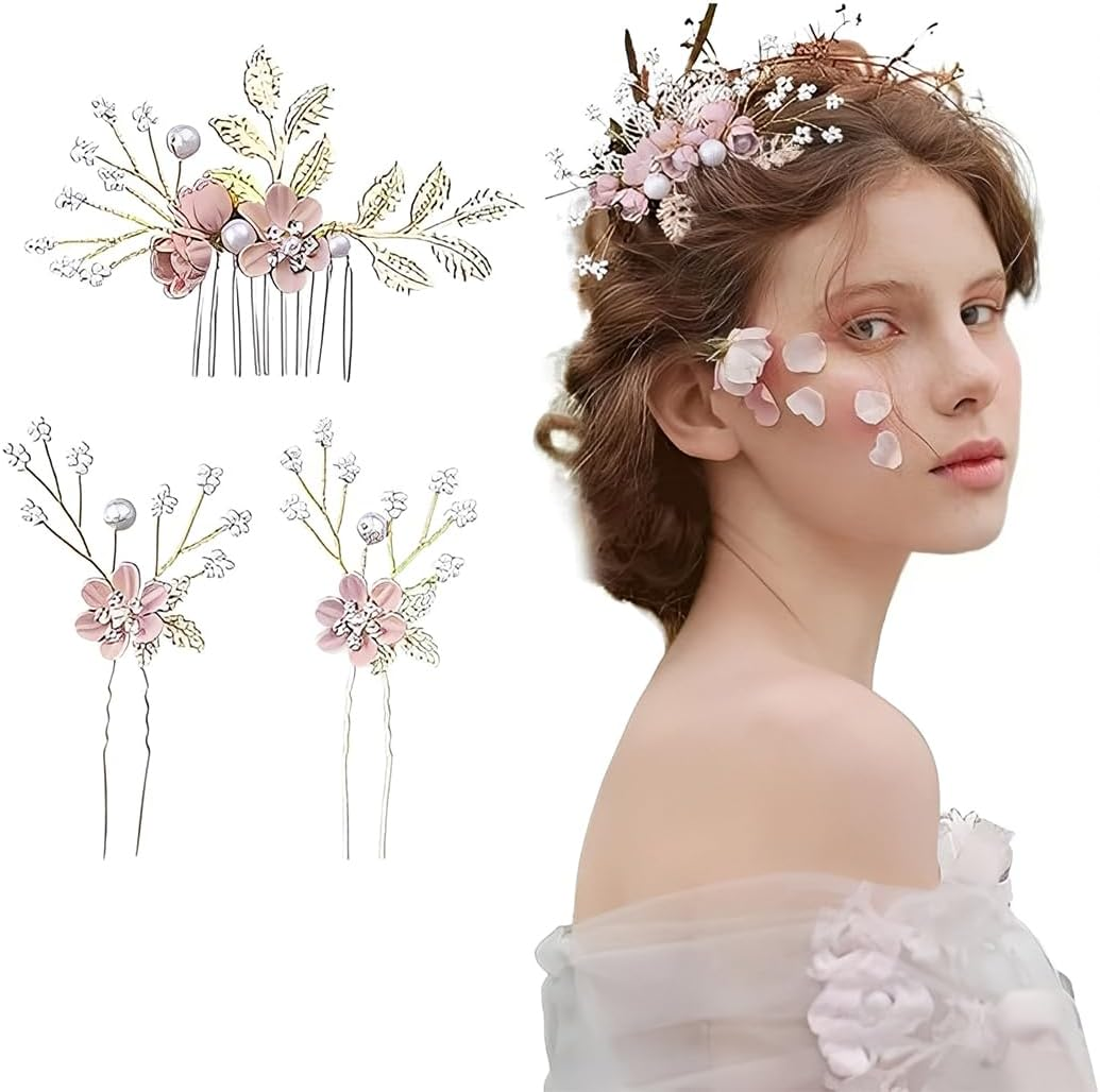 JYNVO Wedding Hair Accessories, Pack of 3 Pearl Flower Bridal Hair Comb Rhinestone Bridal Hair Pins for Communion Girls Bride Bridesmaid