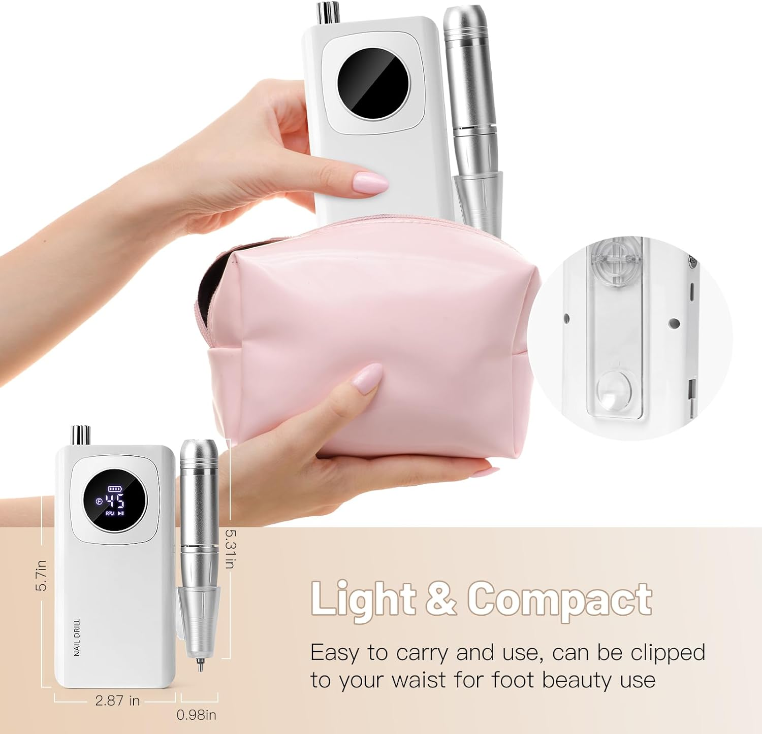 Rechargeable Electric Nail File Professional: Madenia 45000RPM Portable Efile Nail Drill Kit, Cordless E File Nail Drill Machine for Acrylic Gel Nails Salon Home Manicure Use, White