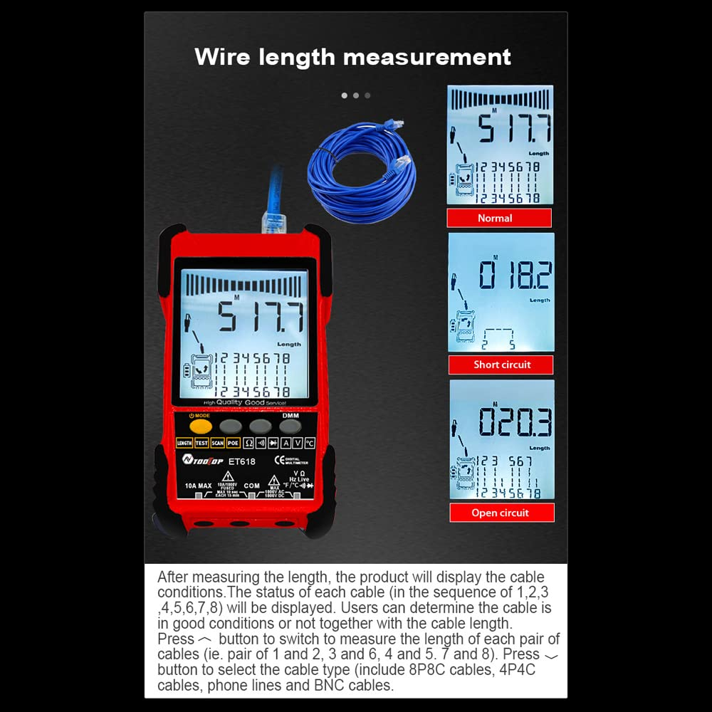 ET618 Handheld Portable Cable Tester with LCD Display Analogs Digital Search POE Test Cable Pairing Sensitivity Adjustable Network Cable Length Short Open Circuit Measure Trackers image number 6