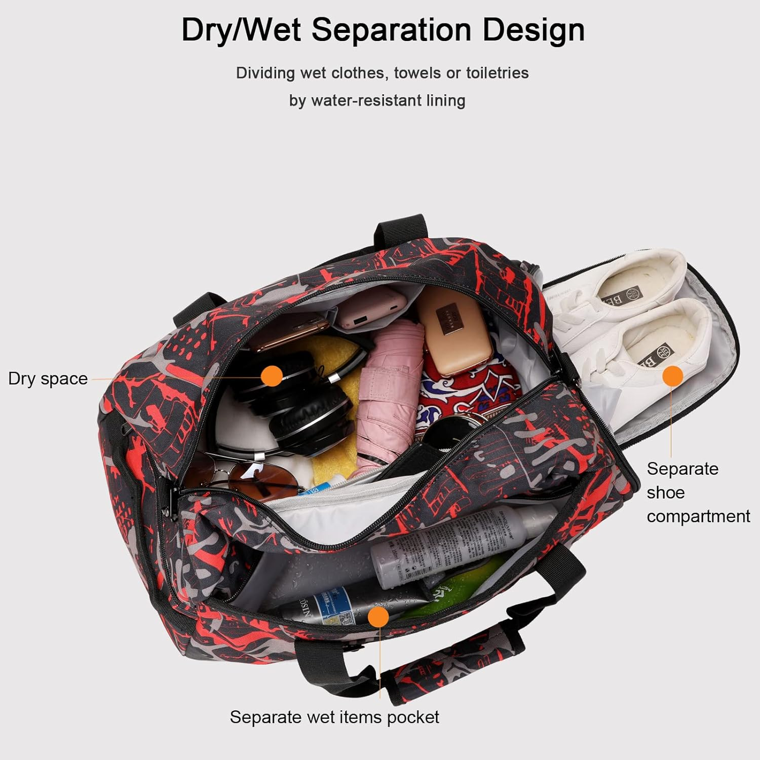 Octsky Sports Gym Travel Weekender Duffel Bag for Men Boys with Shoe Compartment & Wet Pocket, Sleepover Bag or Kids, Graffiti-Red image number 2