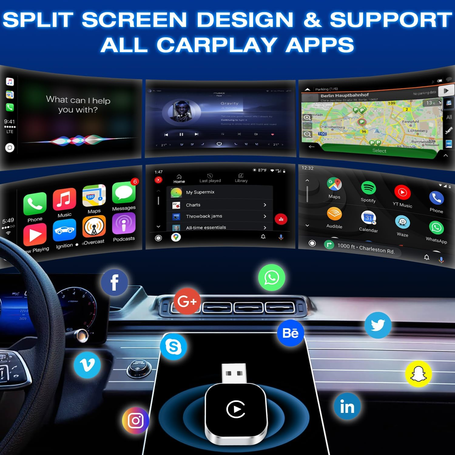 2025 Upgrade Wireless Carplay Adapter & Android Auto Adapter, 2 in 1 Wireless Carplay Box, Retains Original Car Controls, Plug & Play Wireless Dongle for Iphone Ios 10+/ Android 11+/ Cars 2017+(Grey) image number 6