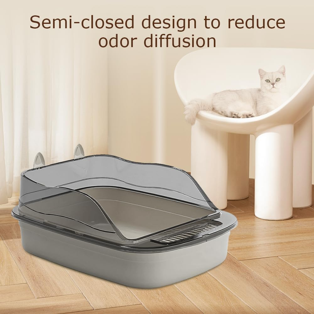 Open Cat Litter Tray Box Kitty Toilet with Extra Large Entry and Splash Guard,Easy Clean,Includes Litter Scoop,Stylish & Spacious Design for Larger Cats,Anti-Leakage,Non-Sticky (Grey) image number 1
