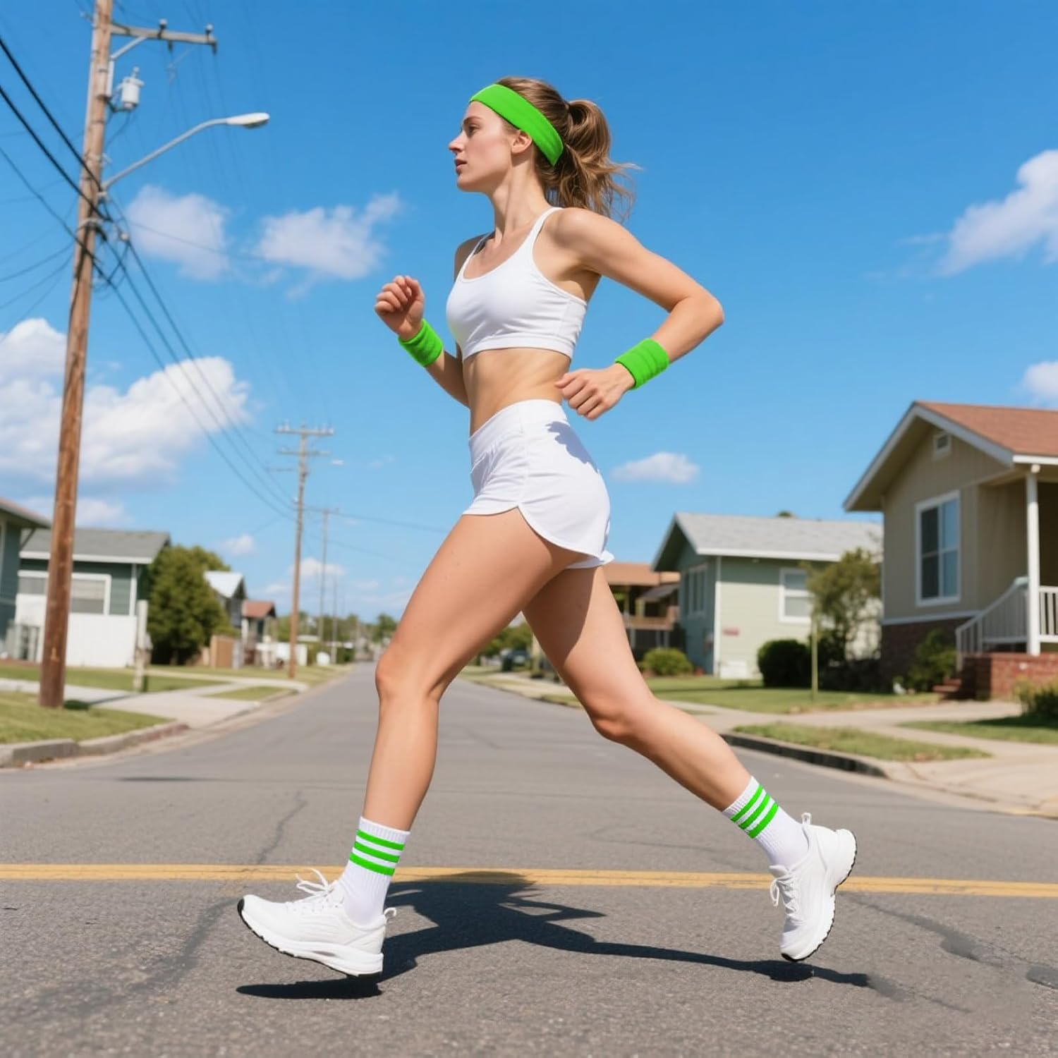 4 Sets Sweatbands Striped Socks Set 80S Headband Wristband Cotton Sock Colorful Sweat Bands Sports Athletic Accessory for Workout Mardi Gras Women image number 3