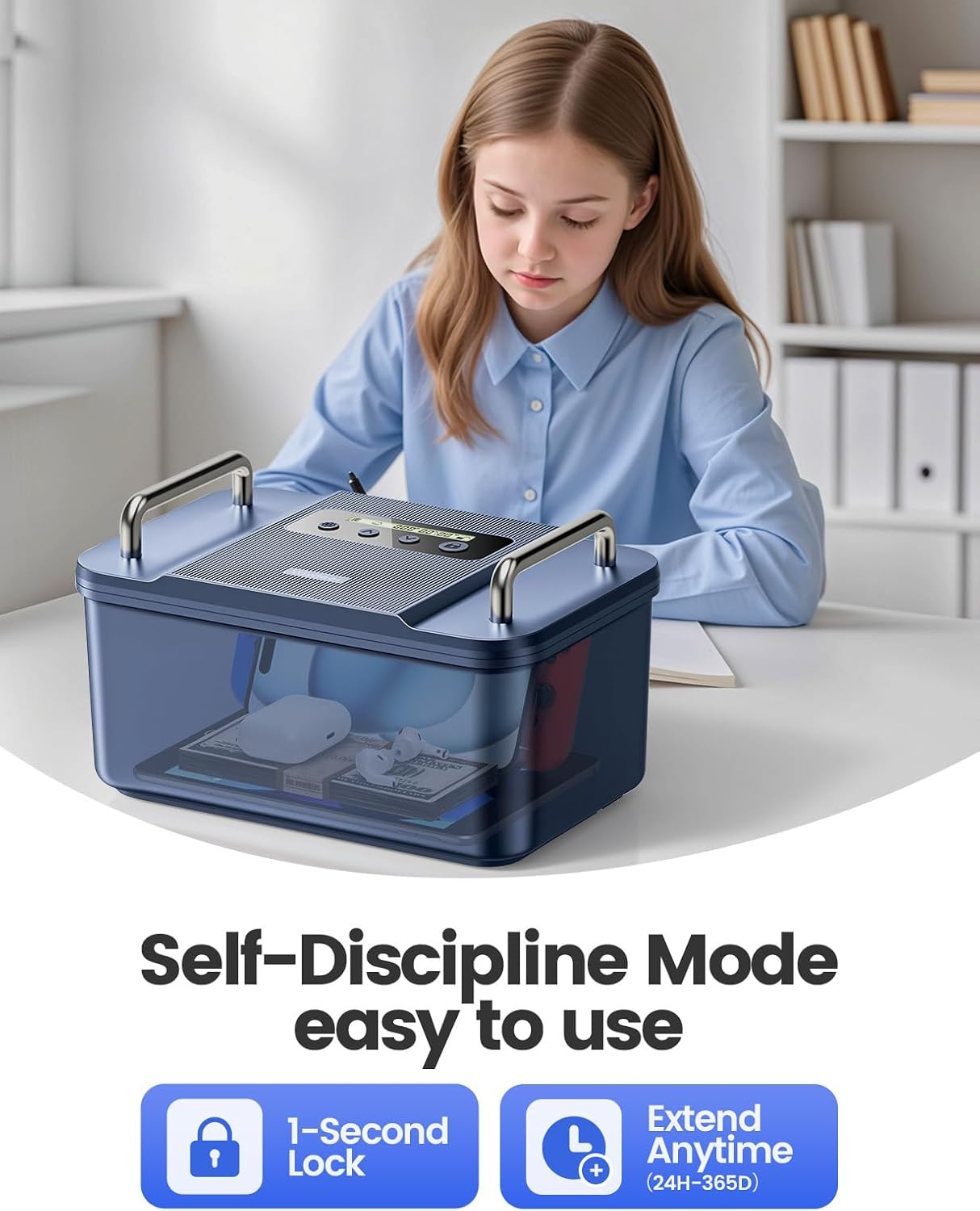 VAYDEER Security Lock Box with Timer &ndash;Safe Storage Box with Handles, LCD Display, Customisable Lock Time, USB-C Emergency Power &ndash; Portable Lock Safe for Phone, Medication, Valuables image number 6