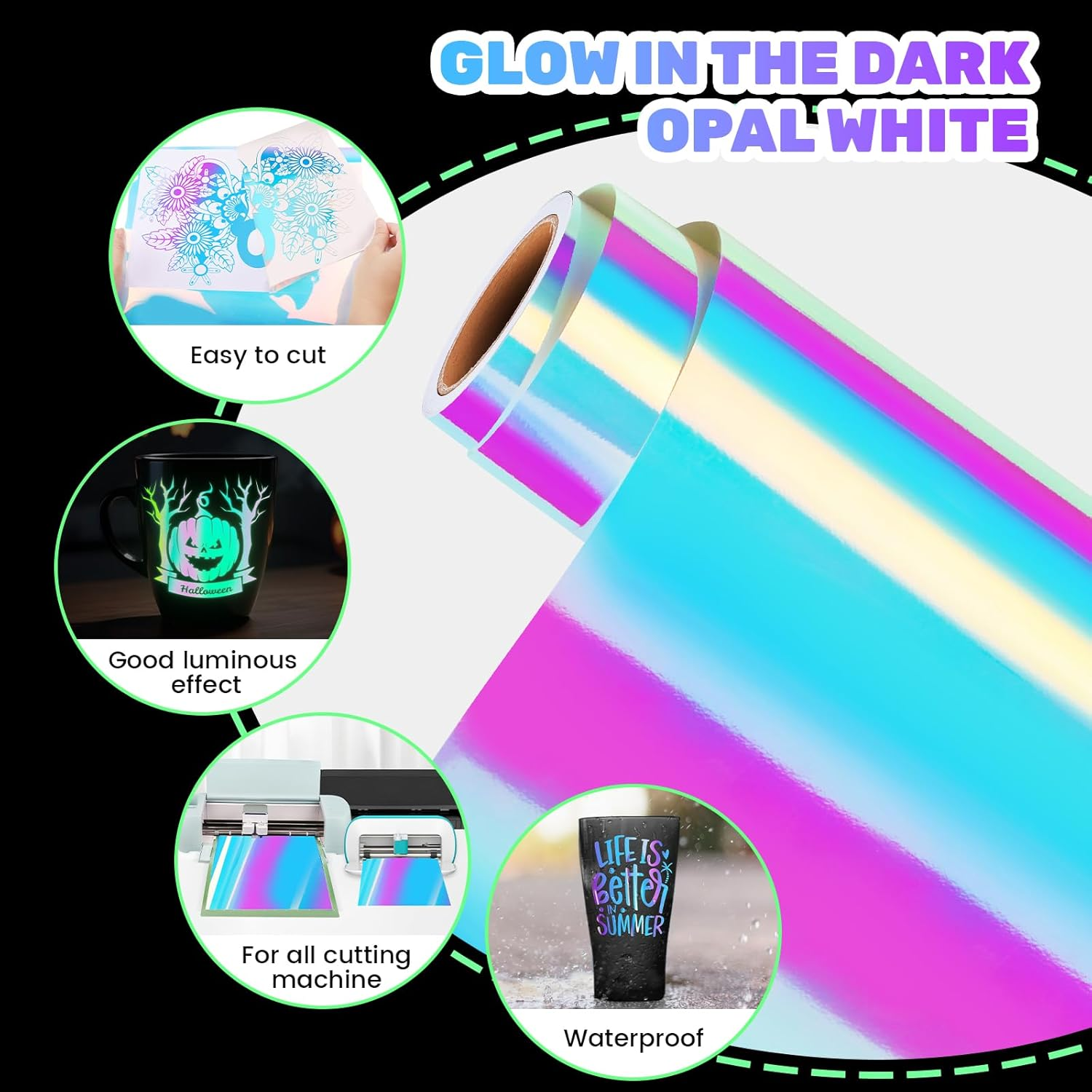 GIRAFVINYL Glow in the Dark Holographic Opal Vinyl - 12&rdquo; X 6Ft Glow in the Dark Permanent Vinyl Opal Holographic Vinyl Permanent White to Green for DIY Crafts Decor, image number 5