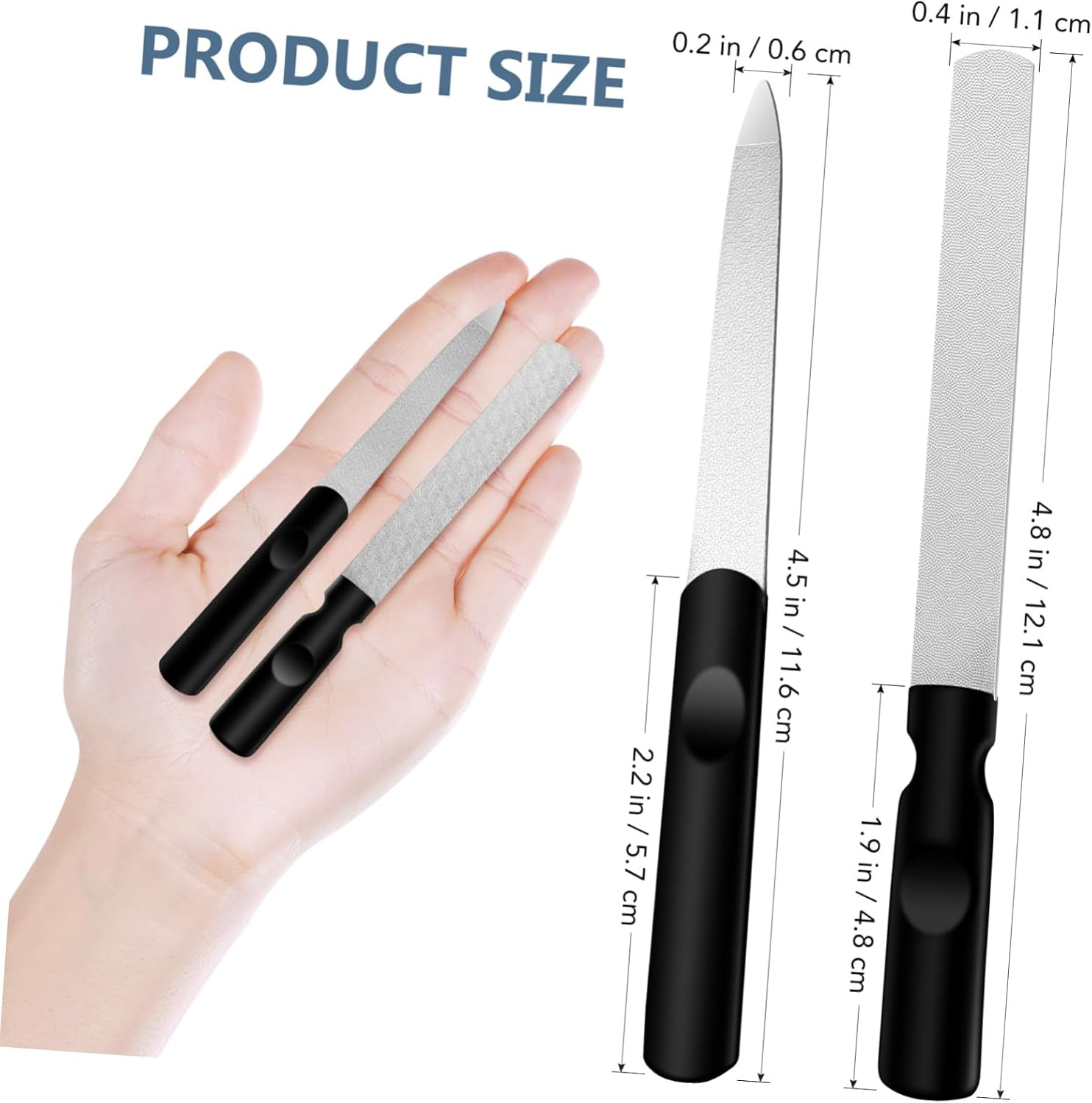 WOONEKY 2Pcs Stainless Steel Nail Files with Non Slip Ergonomic Handle and Leather Case Manicure Pedicure Tool for Fingernail and Toenail Polishing Washable and Resistant Professional