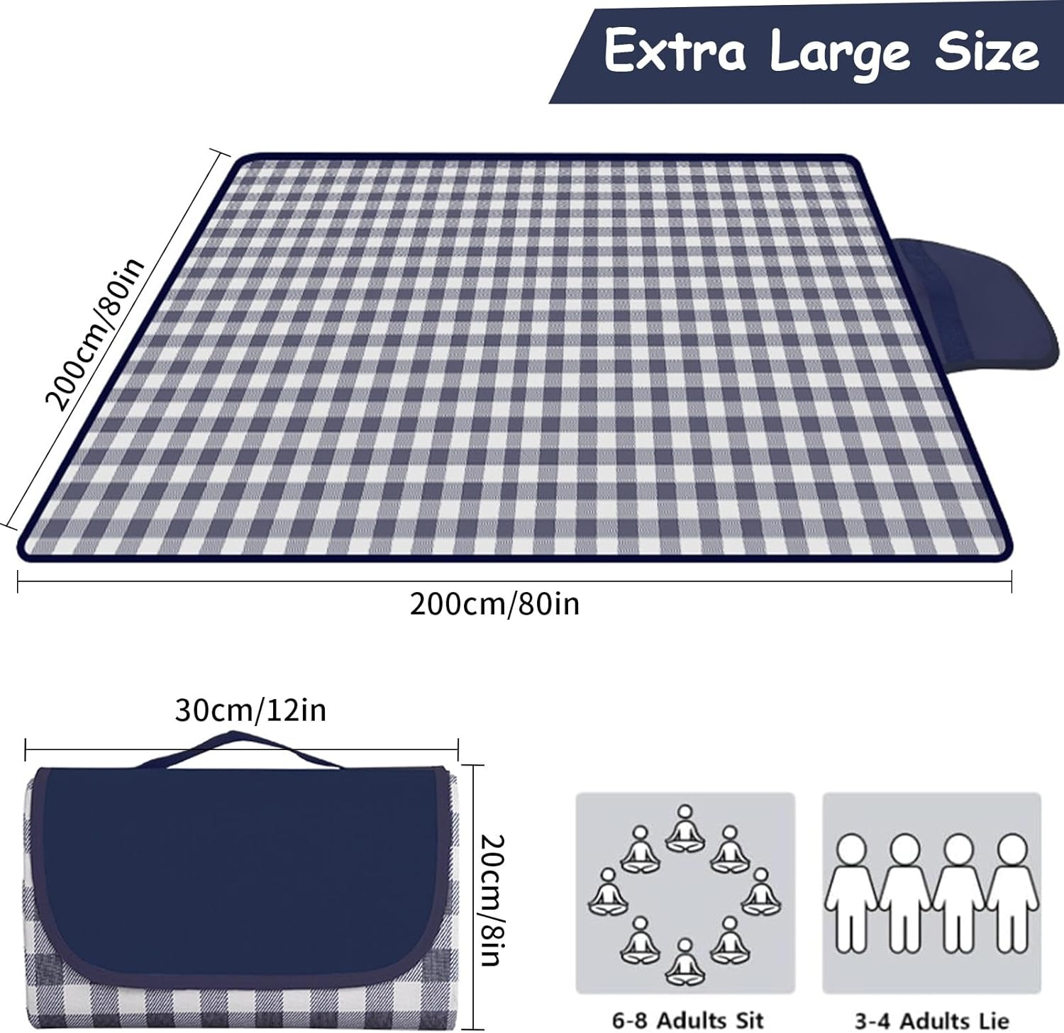 Picnic Blanket, Extra Large 80''X80'' Waterproof Picnic Mat, Outdoor Rug Beach Blanket, Picnic Mat for Beach, Park, Grass, Travel, Hiking, Camping Essentials, Gingham Picnic Rug (Tibetan Blue Grid)