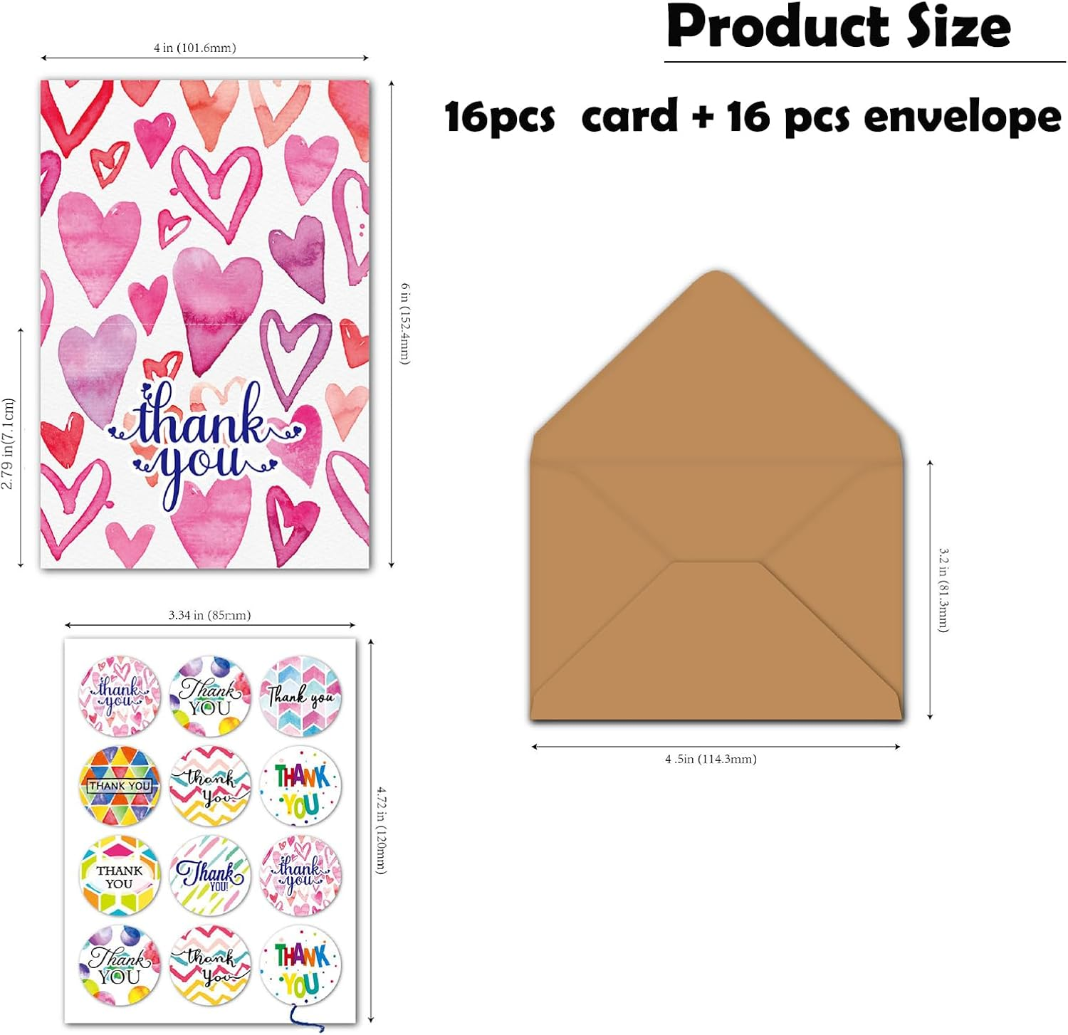 SYTHAK 16PCS Thanks You Cards,With Envelopes and Sticker,Each Greeting Cards Includes 8 Watercolor Designs Blank inside Appreciation Card for Teacher Kids Thanksgiving Christmas.4.1 X 3 In image number 3