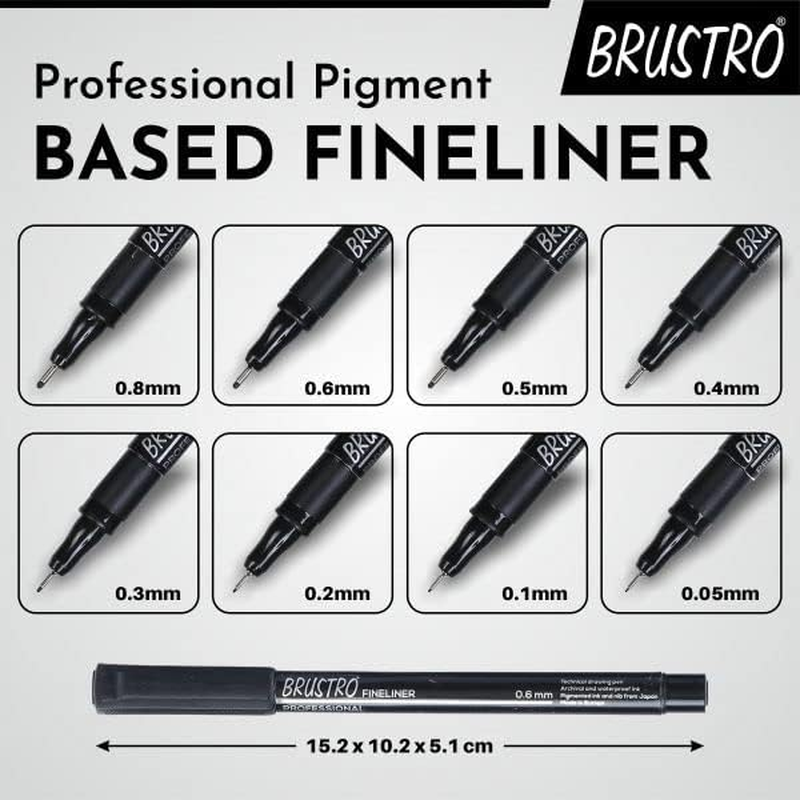 BRUSTRO Professional Pigment Based Fineliner |Black| Set of 8 - Tip Size 0.05Mm, 0.1Mm, 0.2Mm, 0.3Mm, 0.4Mm, 0.5Mm, 0.6Mm and 0.8Mm| Technical Drawing,Waterproof,Artist Illustration,Sketching,Mandala image number 2