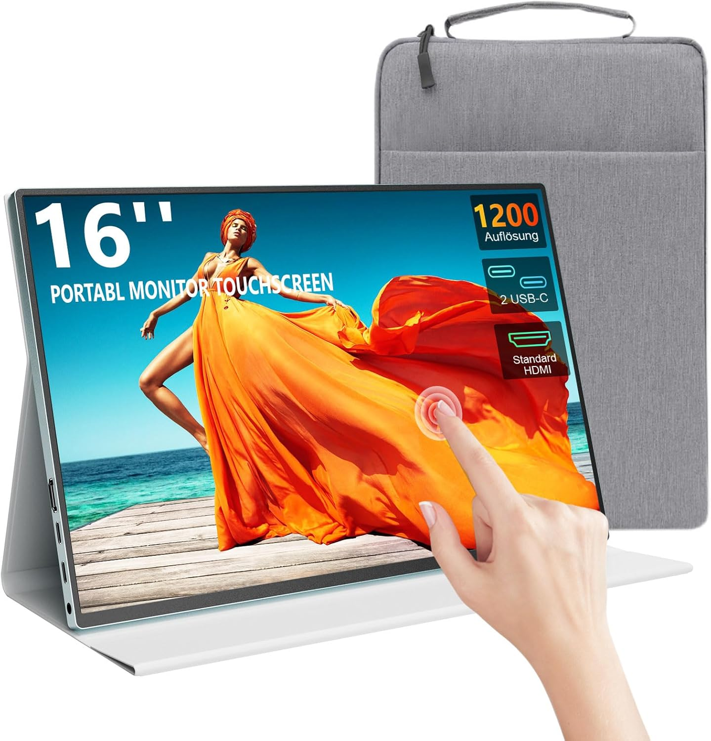 Touchscreen Portable Monitor, 16 Inch 1920X1200 Full HD Portable Gaming Monitor HDR, HDMI USB C External Monitor, Suitable for Laptops Xbox Switch with Smart Cover and Storage Bag