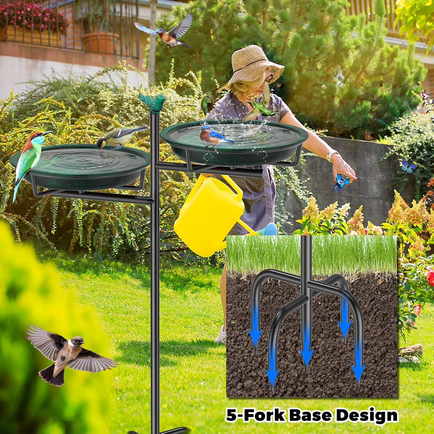 Veyfolzin.St Bird Bath Bowl Standing, 2-In-1 Bird Bath for Outdoor Garden with Double Basin for Water and Food, Metal Birds Bird Basin for Garden Decoration (Old Green) image number 6