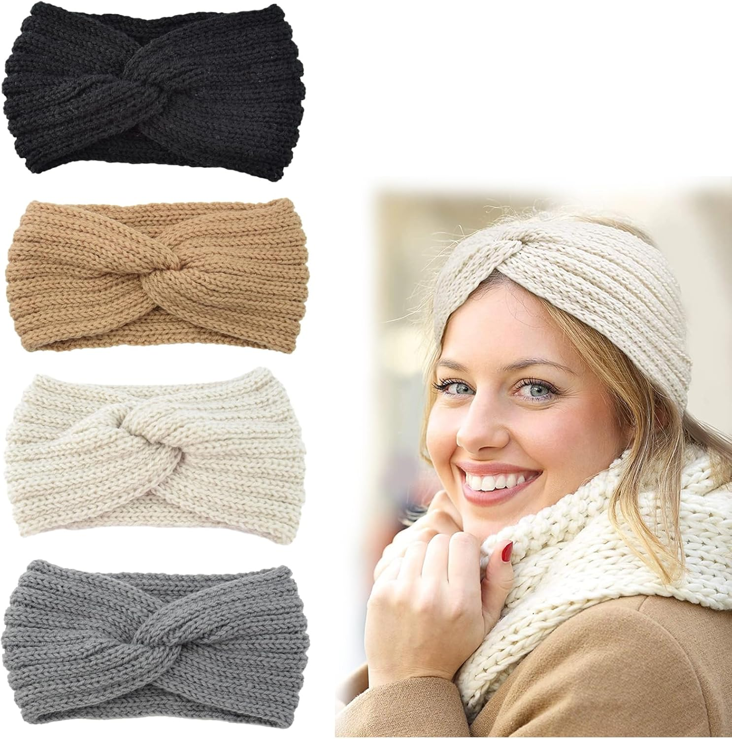 Cfcyhla Pack of 4 Women'S Winter Knitted Headband Women Girls Women Hair Bands Wide Ear Warmers Crochet Elastic Hair Accessories for Outdoor Sports, Skiing, Running image number 1