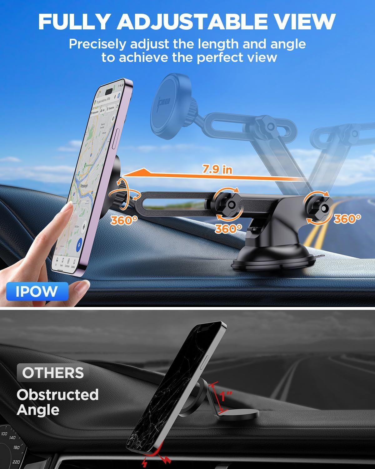 IPOW Magnetic Car Mount, Dashboard Magnetic Phone Holder for Car, Windshield Car Magnetic Phone Mount for Iphone 14/13/12 Series, Tap and Secure Mount, Black image number 4