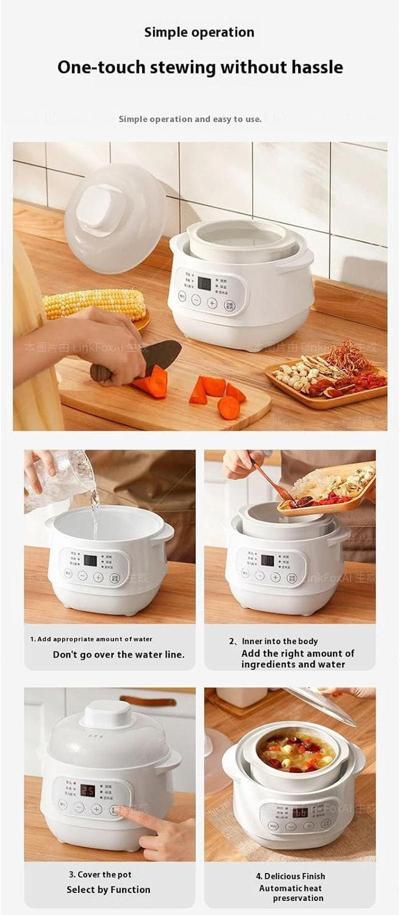 ◉ Electric Stew Pot with Steamer, 1L Mini Ceramic Slow Cookers, 6 Smart Menus | 24H Appointment & No Time Limit Keep Warm | Anti-Dry Burning | Anti-Overflow for Household Stew Pot, Soup, Baby Porridge image number 6