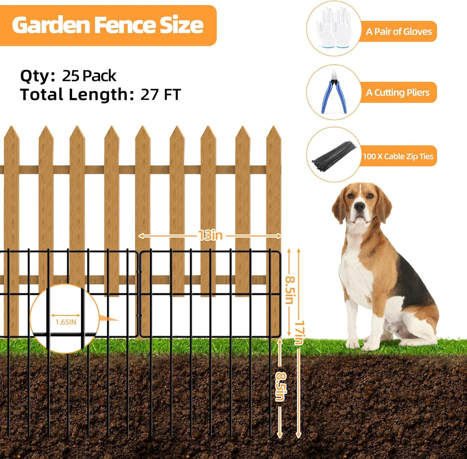 25 Pack Garden Animal Barrier - 1.65Inch Spike Spacing, Reusable Rustproof Metal Fence Border for Dogs & Rabbits - Total 27Ft(L) X 17Inch(H) image number 2
