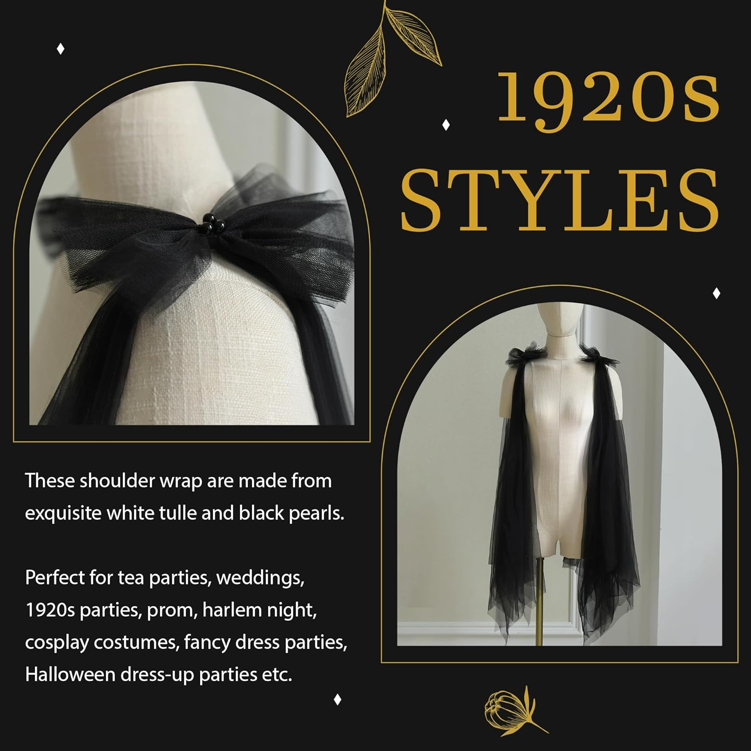 YAEISM Black Shoulder Cover for Dress Long Bow Dress Cover up Formal Detachable Tulle Wedding Shawl Evening Dresses for Women and Girls image number 4