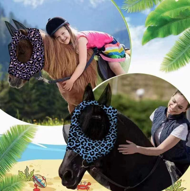 Stretchy Horse Fly Mask with Ears Comfort Fit Mesh Trail Pasture Sun UV Protection (Leopard Print, One Size) image number 4