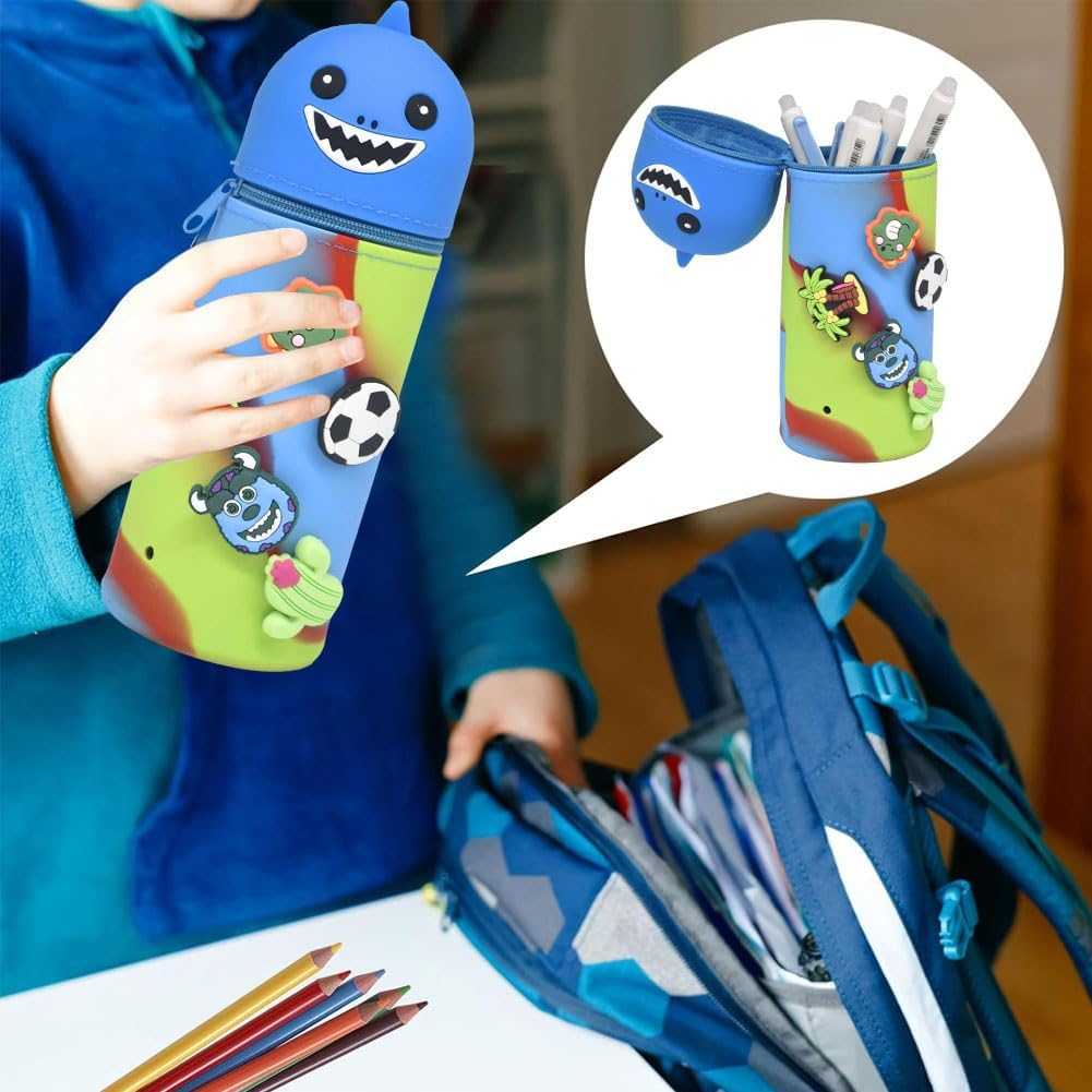 KDFSSIPE 2-In-1 Soft Silicone Case Kawaii Pencil Case and 5 Pieces Erasable Retractable Pens, Pencil Case, Stand up Pencil Case, Animal Pen Holder, Pencil Bag Girls Boys (Shark)