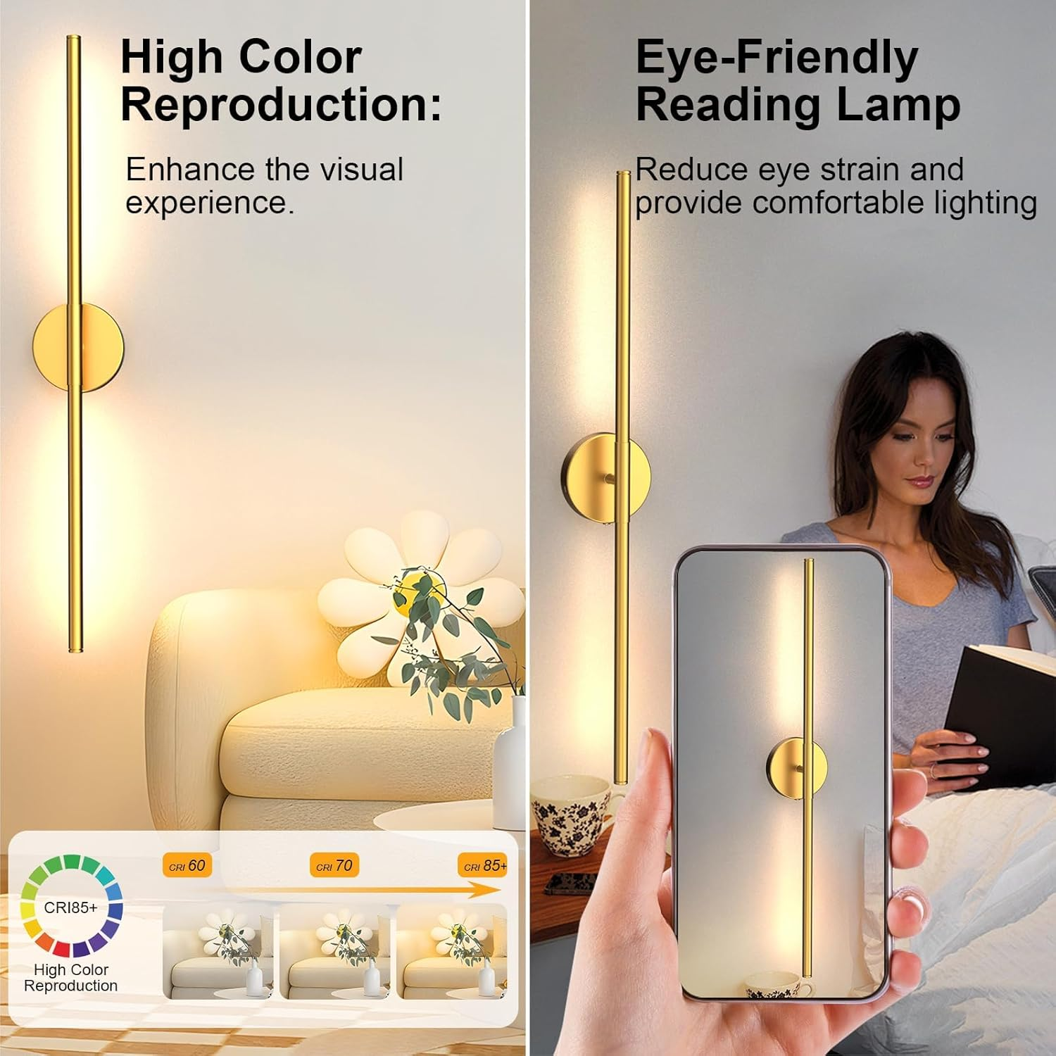 Battery Operated Wall Sconces with Remote Control,Wall Sconces Set of 2,3000K-6000K LED Wireless Wall Light for Bedroom, Hallway, Wall, 360&deg;Rotate,28.3 Inch, 2 Pack Gold round Base image number 6