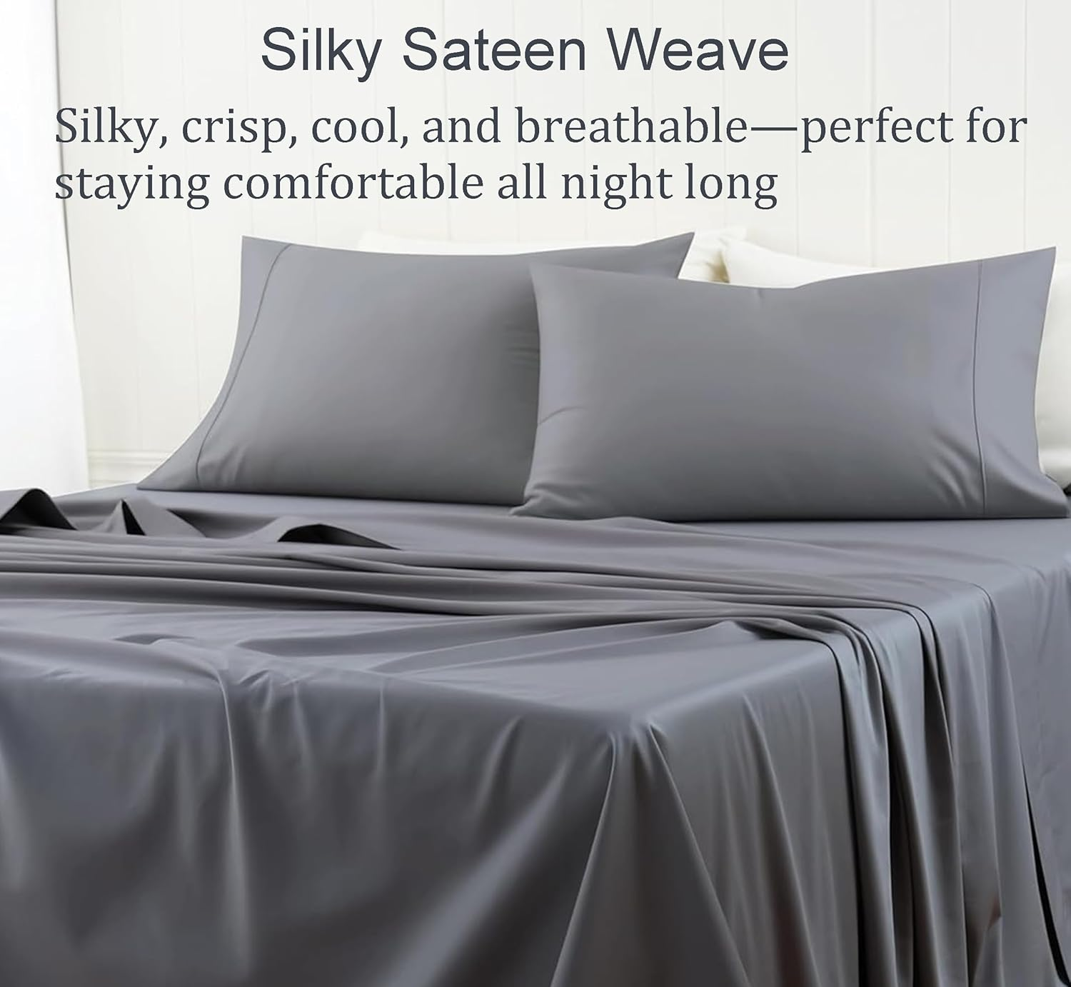 Shunjie.Home 100% Cotton Queen Bed Sheets Set - 600 Thread Count Sateen - 4 Piece Bed Sheet Set, Deep Pocket with All around Elastic, Breathable & Durable Hotel Luxury Bedding - Dark Grey image number 2