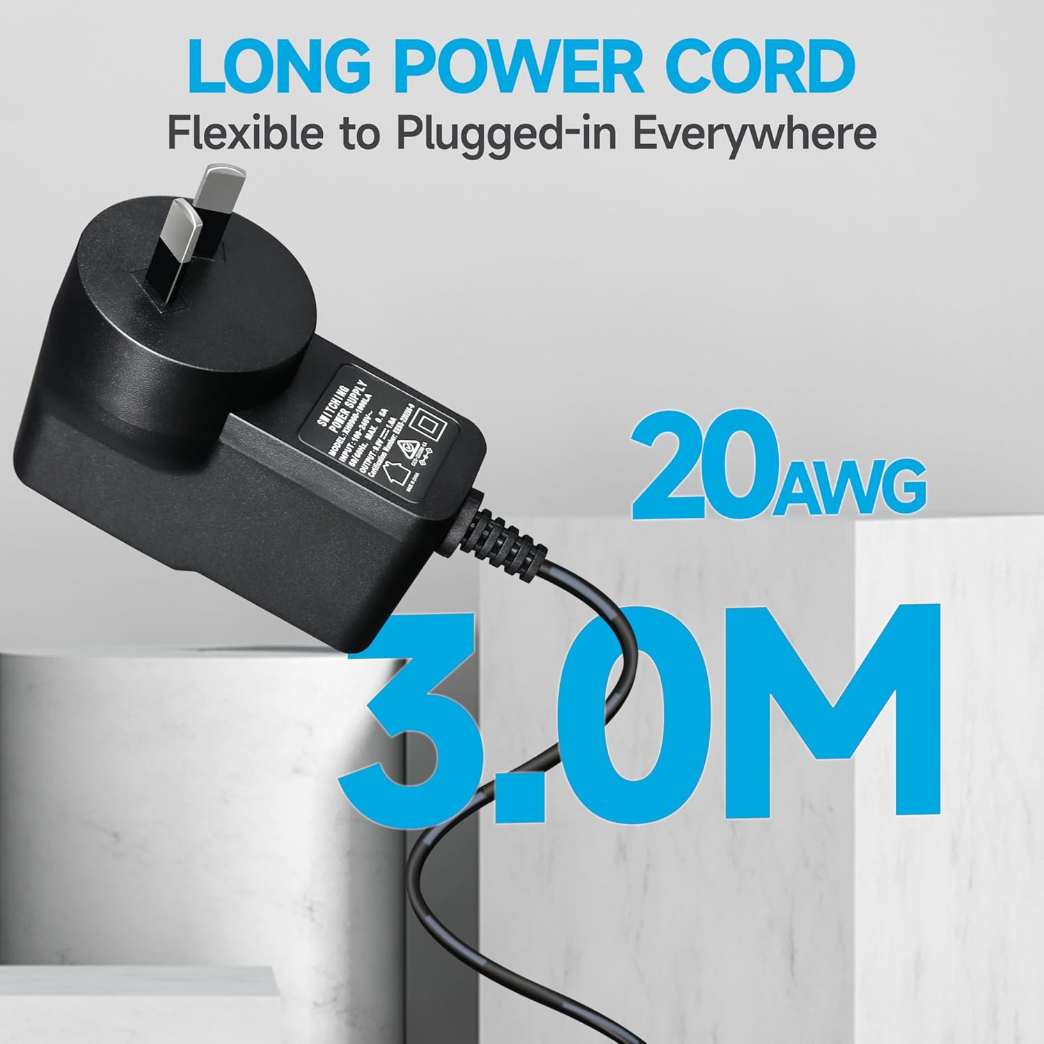 9V 1A/1000Ma Power Supply Adapter with 3M Long Cord, AC 100-240V to DC 9V 1A 9W Switching Adapter PSU Wall Plug for Most Guitar Bass Effect Pedal, Center Negative, SAA Certified image number 5