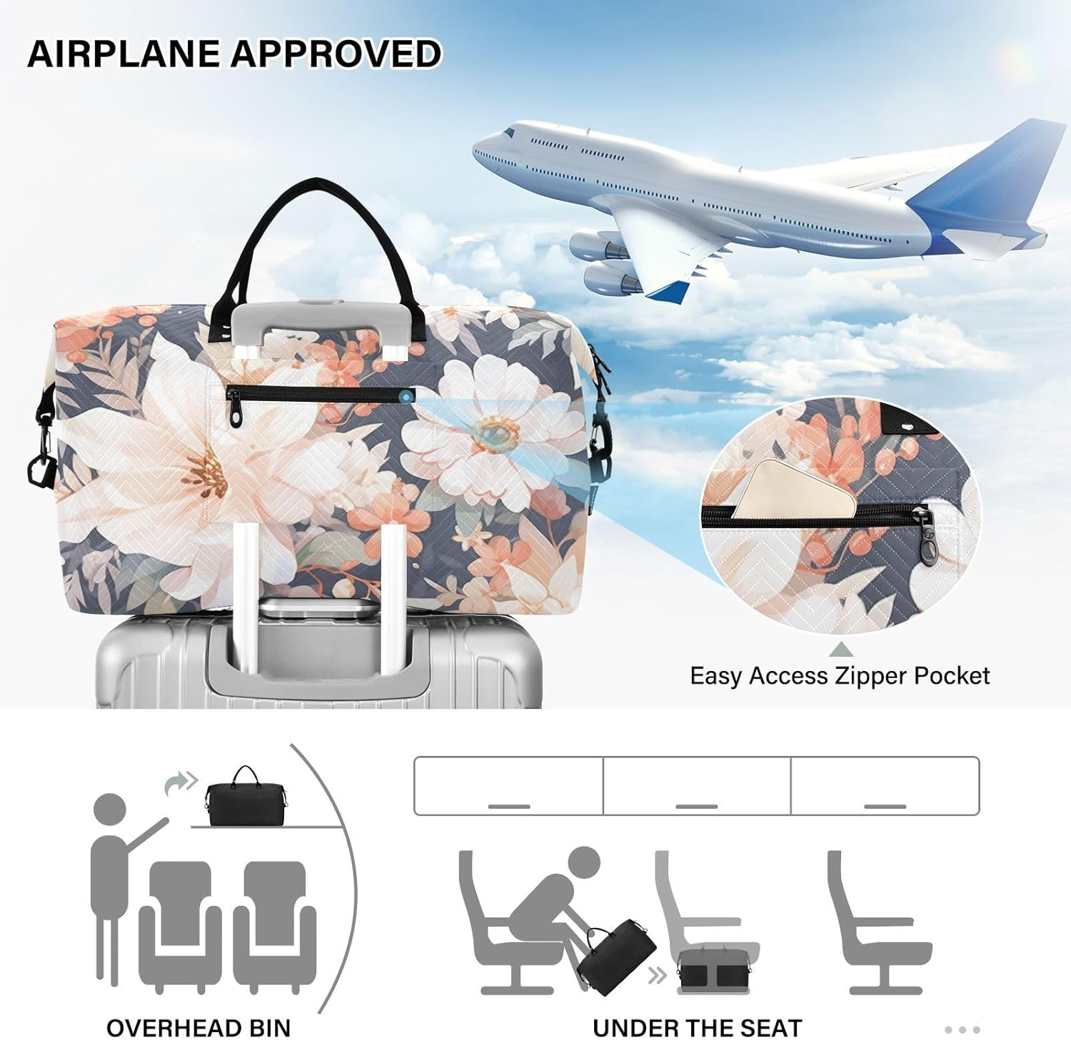 XYMZR Large Travel Duffel Bag, Drawing Flower Sports Tote Gym Bag, Shoulder Weekender Overnight Bag for Women Men, Carry on Luggage with Toiletry Bags, Multi-Colored image number 6