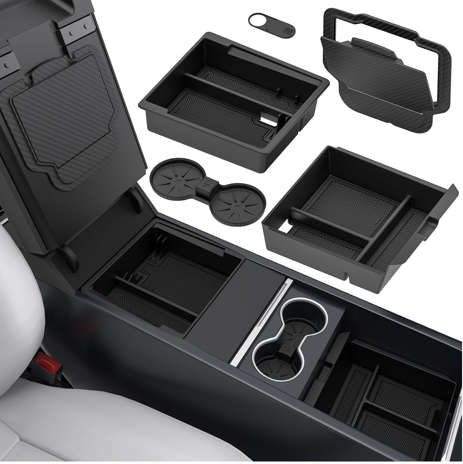 5PCS Center Console Organizer Set for Model Y Juniper Accessories, Model 3 Highland Shockproof Noiseless Storage Tray, Cup Holder & Armrest Drawer Organizer Accessories .EN1 Yl(5Pcs Set) image number 1