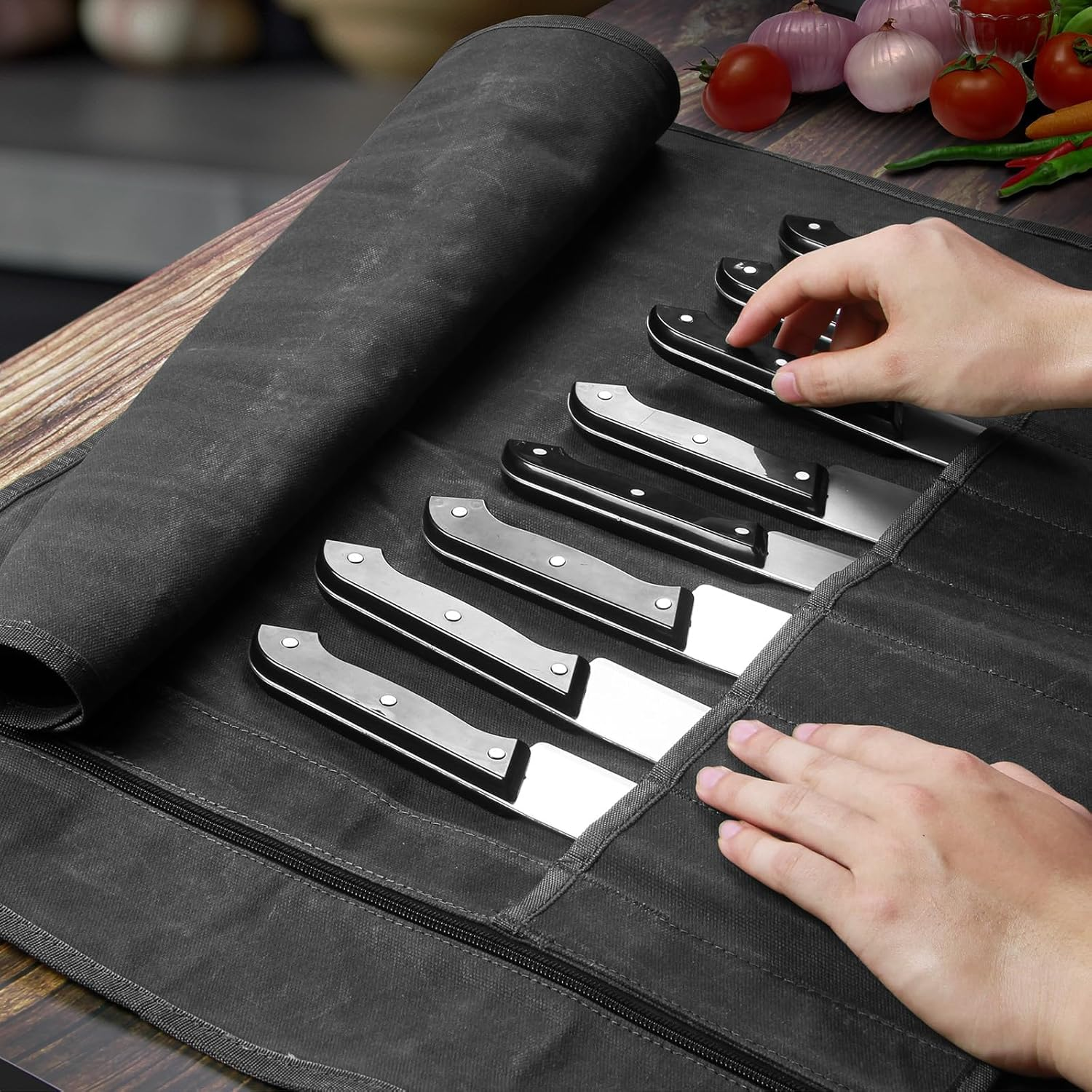 Chef'S Knife Roll Bag - Heavy Duty Waxed Canvas with 11 Slots (10+1 Zipper Pocket), Portable Kitchen Knives Bag for Home/Camping, Waterproof & Shoulder Strap Included (Black) - Black image number 2