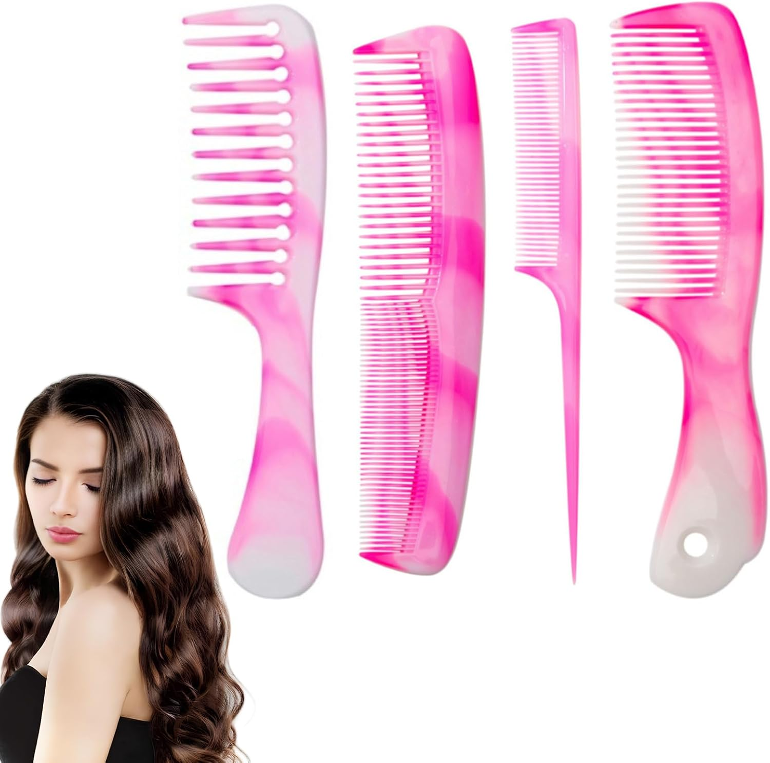 Pink Hair Comb Set, Wide Tooth, Fine Tooth, Rat Tail, and Dual Comb for Long, Curly, Wet and Smooth Hair without Tangles(Color:Pink) image number 3