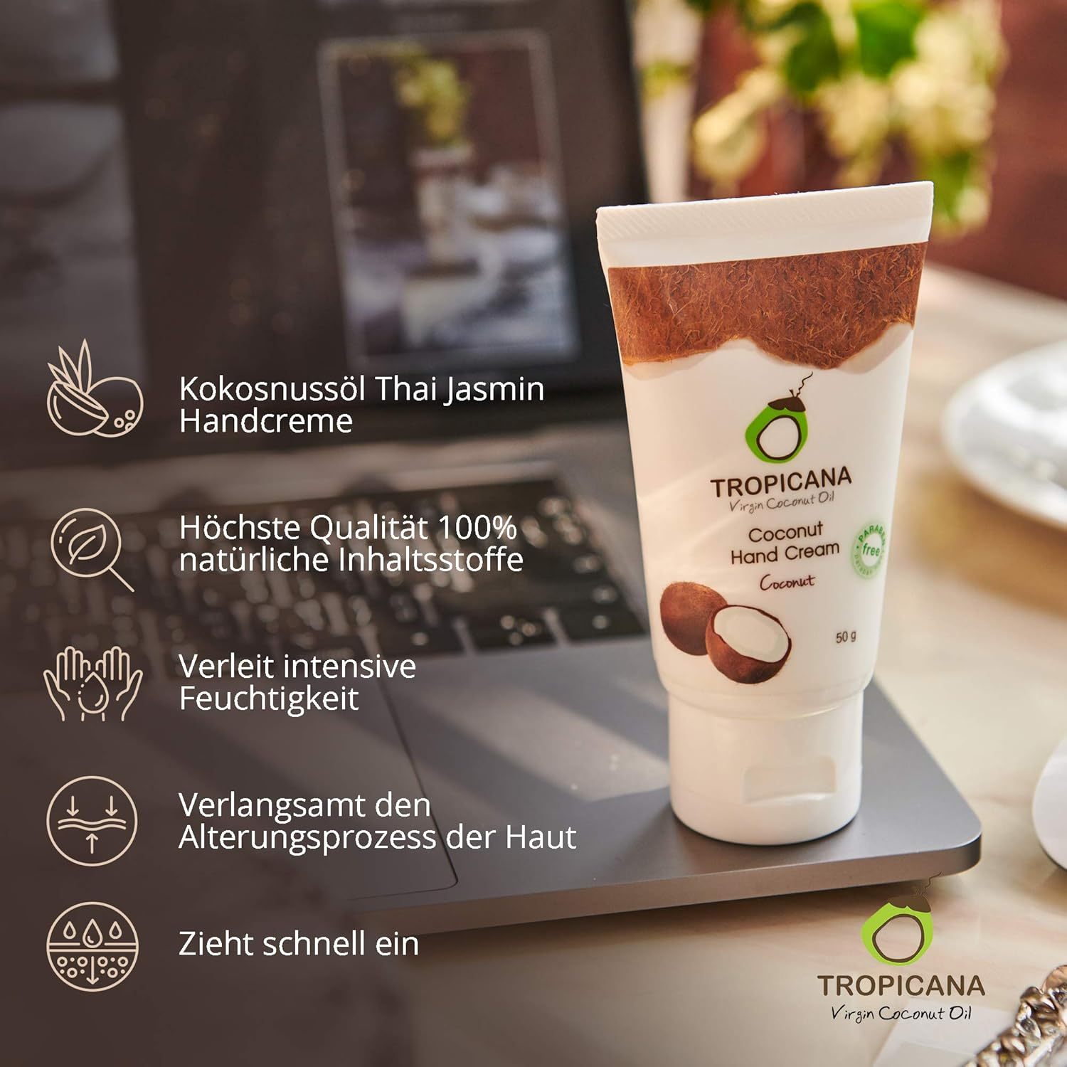 Tropicana Organic Cold Pressed Coconut Oil Hand Cream Moisturizing 50G./Coconut#A2U.