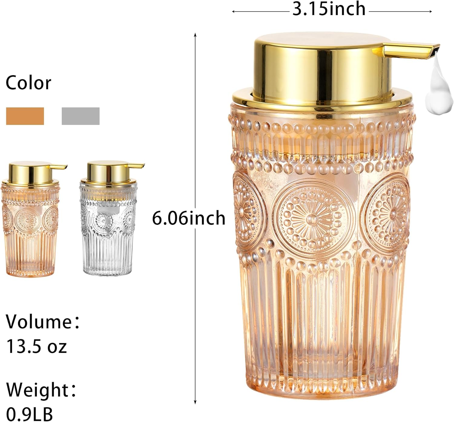 Glass Liquid Soap Dispenser, Refillable Liquid Dispenser with Gold Pump, Hand Soap Dispenser for Bathroom Kitchen, Modern Home Bathroom Decor （Liquid Type/Large Clear） - Foam Type/Large Gold image number 4