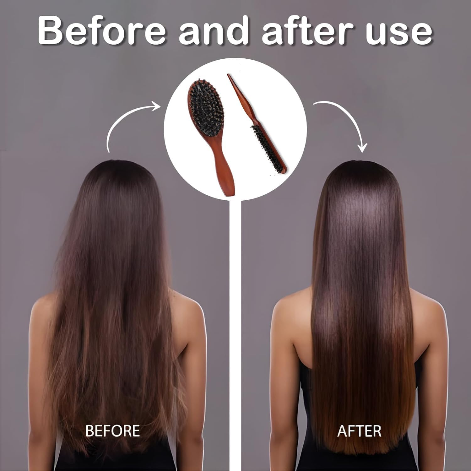 Lxcshljx 2 Pcs Bristle Brush, Boar Bristle Hair Brush, Boar Bristle round Brush, Teasing Brush for Fine Hair, Slick Back Bristle Hair Brush with Wooden Handle, Teasing Comb for Women Thin Thick Hair image number 4