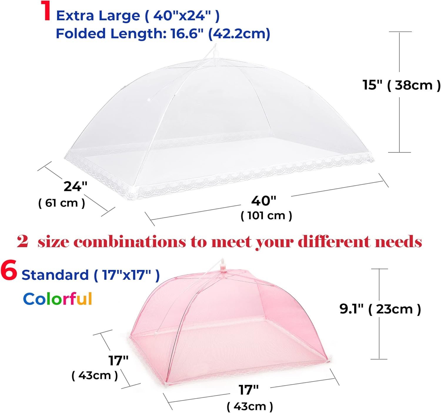 Food Covers for outside Mesh,1 Pack 40"X24" Extra Large Food Net + 6 Pack Colorful 17"X17" Pop up Mesh Food Tent Fly Covers Mesh Food Covers for Outdoors Picnic Pool Party BBQ Supplies image number 5