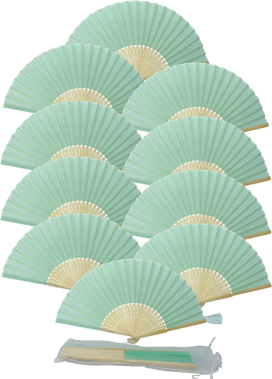 FANSOF.FANS Pack of 10 Fabric Handheld Fan with a Tassel Grade a Bamboo Ribs Party Wedding Favour (Light Turquoise) image number 4