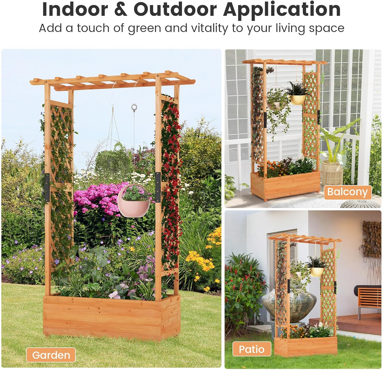 Costway Raised Garden Bed with Arch Trellis, Hanging Roof, Planter Box, Drainage Holes, Vertical Plant Container for Vine Climbing Plant Flower, Indoor Outdoor Wood Planter for Garden Patio Balcony image number 2