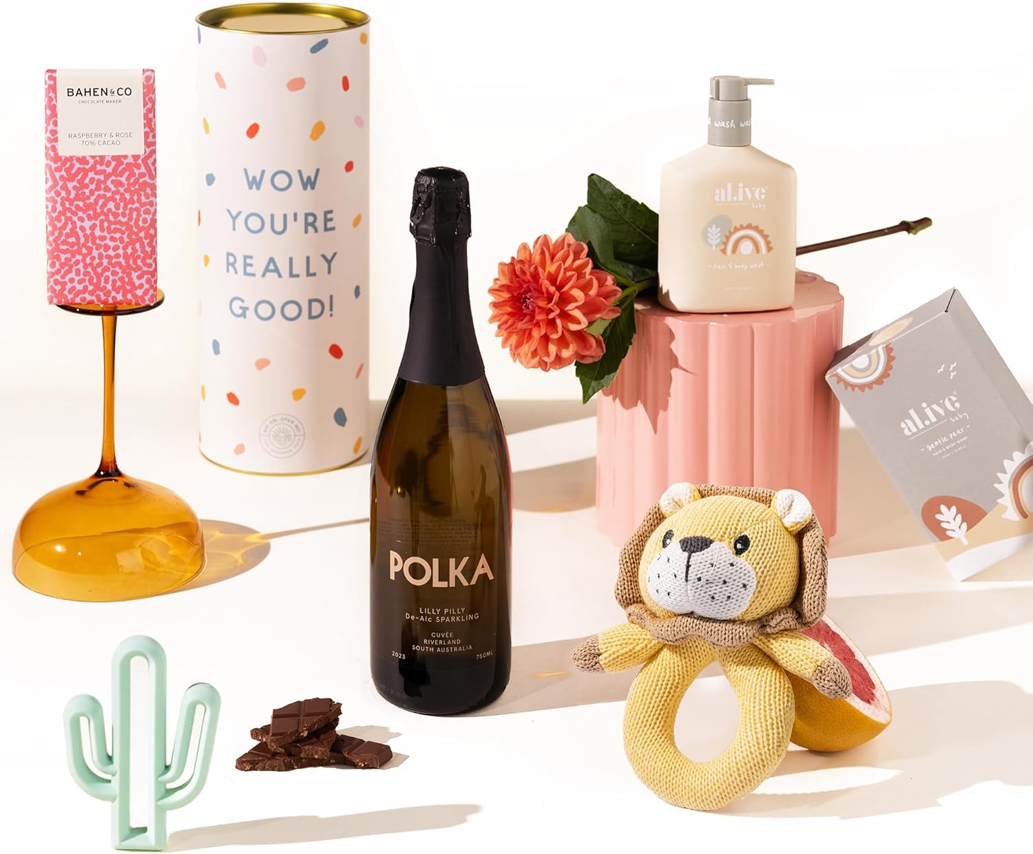 Luxury Newborn Baby Gift Box | Doula Tula Gift Hamper by Good Day People | Includes De-Alcoholised Sparkling, Silicone Teether, Baby Wash, Bahen & Co. Chocolate & Lion Rattle &ndash; Premium New Mum & Baby Gift Set image number 6