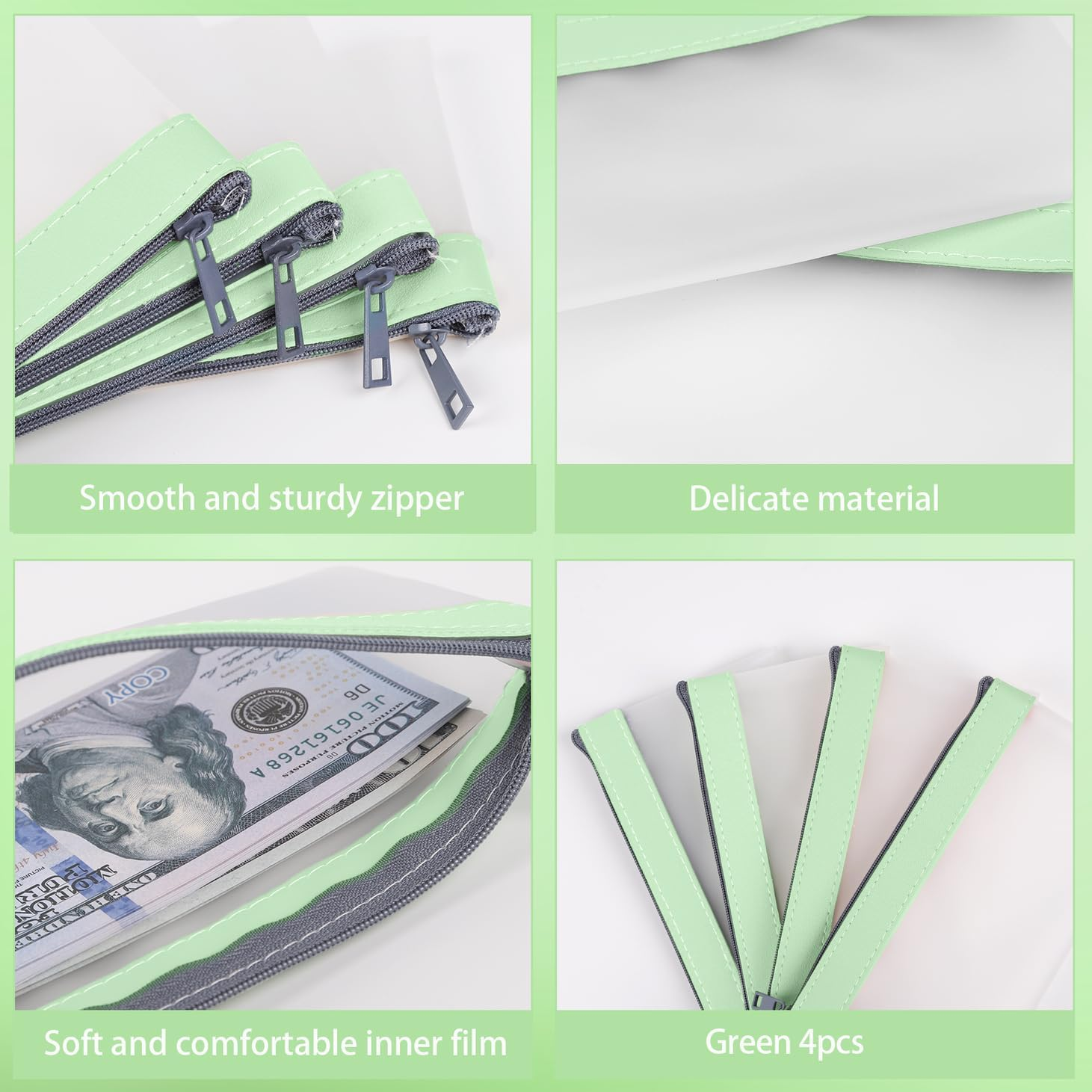 4 Pieces Money Bags with Zipper, Cash Envelopes,7.6 X 3.7 Inch Money Pouch, Clear Bank Deposit Bags, Bank Bag, Cash Bag, Coin Bag for Collectors, Multi-Purpose Check Wallet with 4 Colors, Green, 7.6 X - 8 Colours image number 5