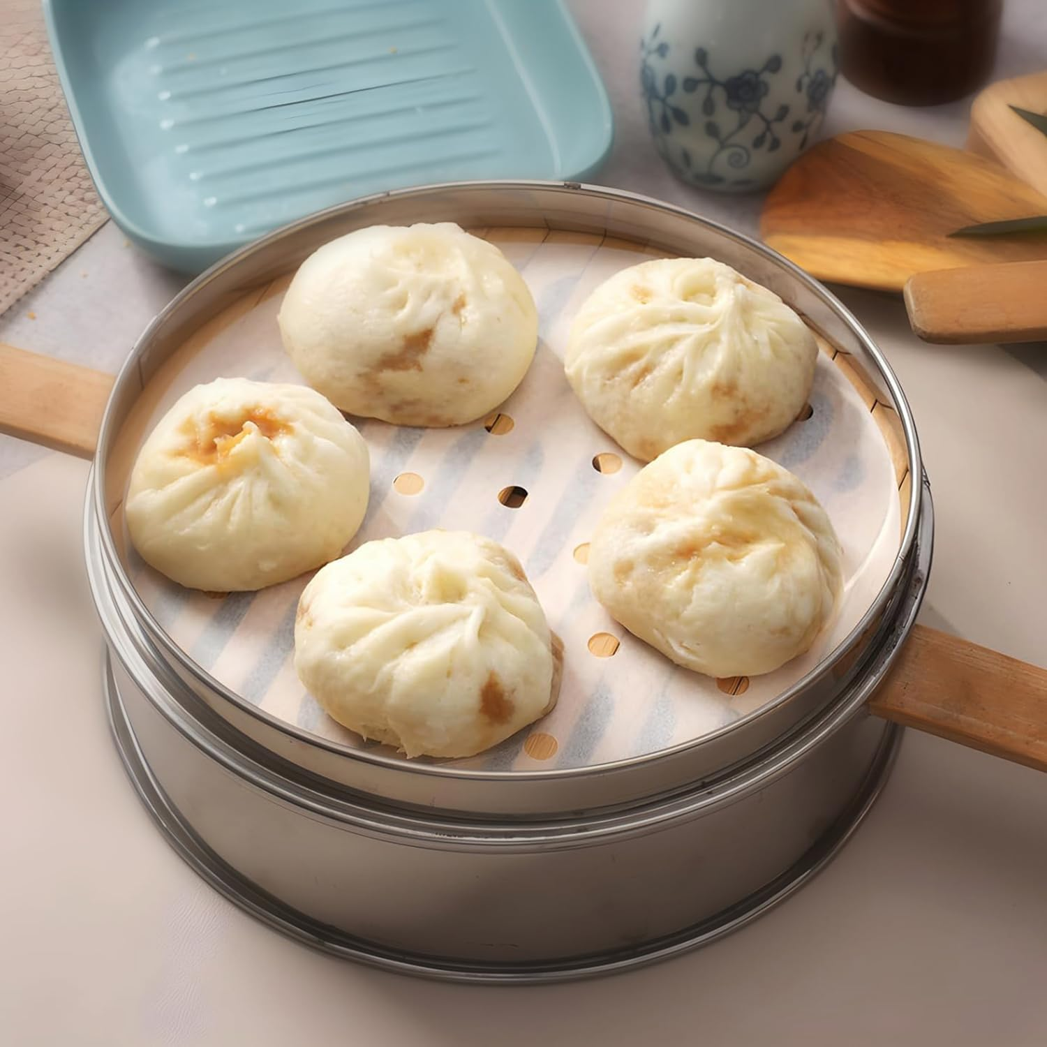 200Pcs round Bamboo Steamer Pieces of Dumpling Paper,10In/25.4Cm Steamer Liner with Holes, Paper Parchment Paper for Air Frying and Baking image number 1