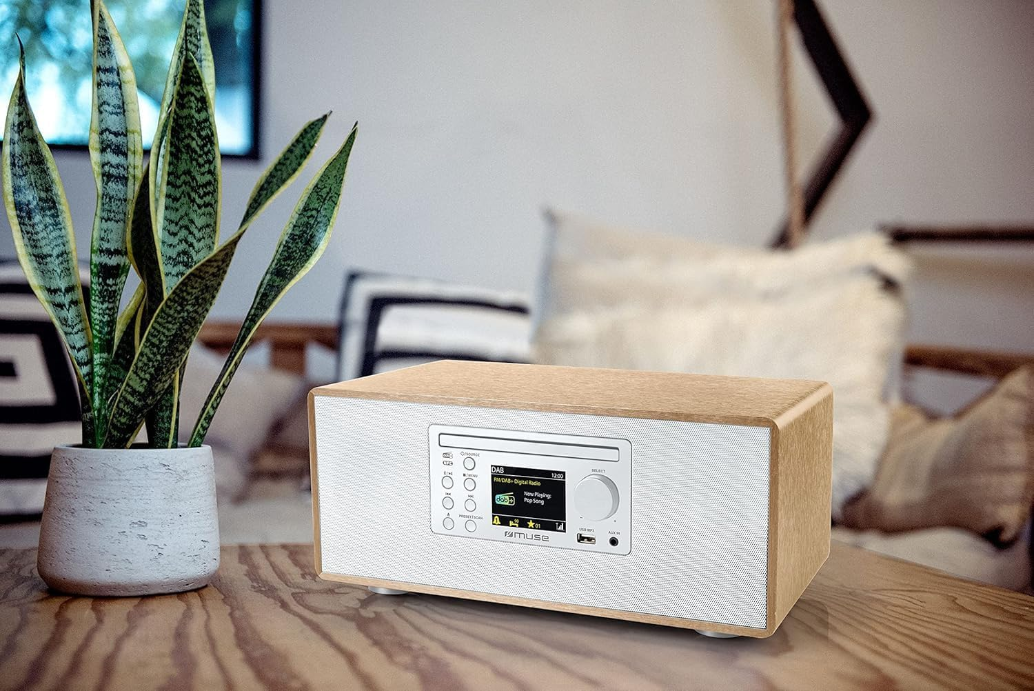MUSE M-695 Hi-Fi System in White, with DAB Radio, Bluetooth, CD Player, Two Integrated Speakers, in Real Wood Casing image number 1
