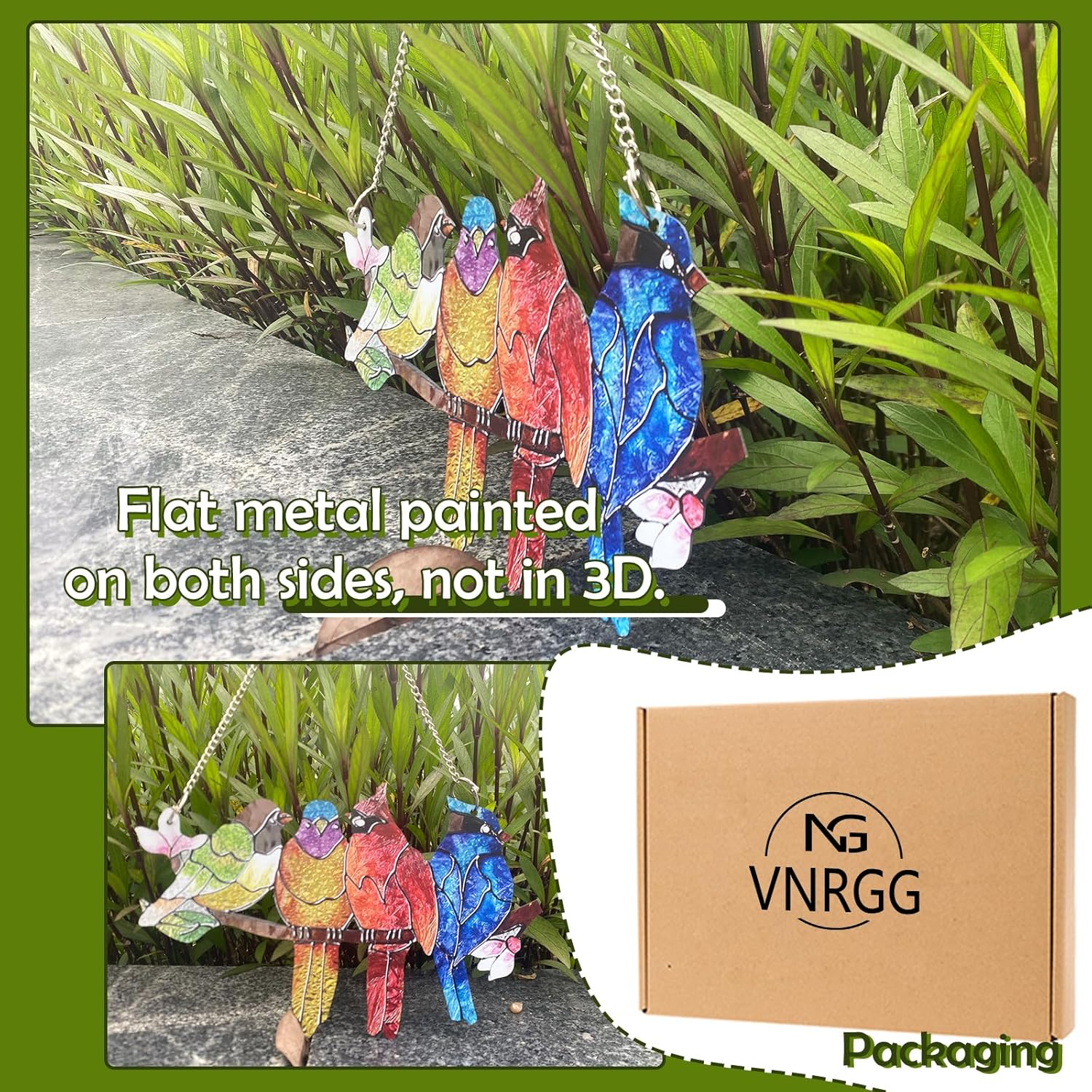 VNRGG Stained Birds on Branch Ornaments Double Sided Metal Texture Sculpture Art Home Indoor or Outdoor Wall Hanging Decor