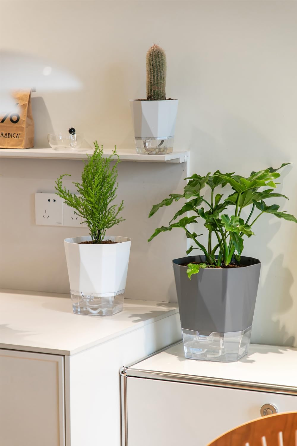 3-Pack Self Watering Planter Pots, 6.7 Inch Plastic Planters with Drainage Holes, Cotton Rope and Trays, Decorative Flower Pots for Indoor Outdoor Garden Plants (Multicolor) image number 1