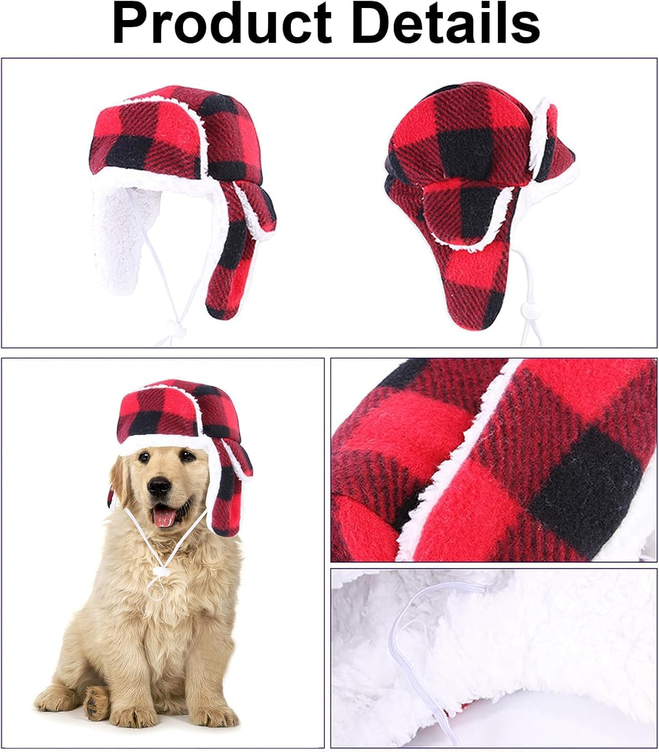 Christmas Dog Hat with Earmuffs,Warm Winter Dog Hat with Adjustable Elastic Band,Red Plaid Pet Cap,Pet Ears Warm,Snood Head Wrap,Xmas Dog Headwear,Christmas Dress up Costume Hat (Red, One Size) image number 4