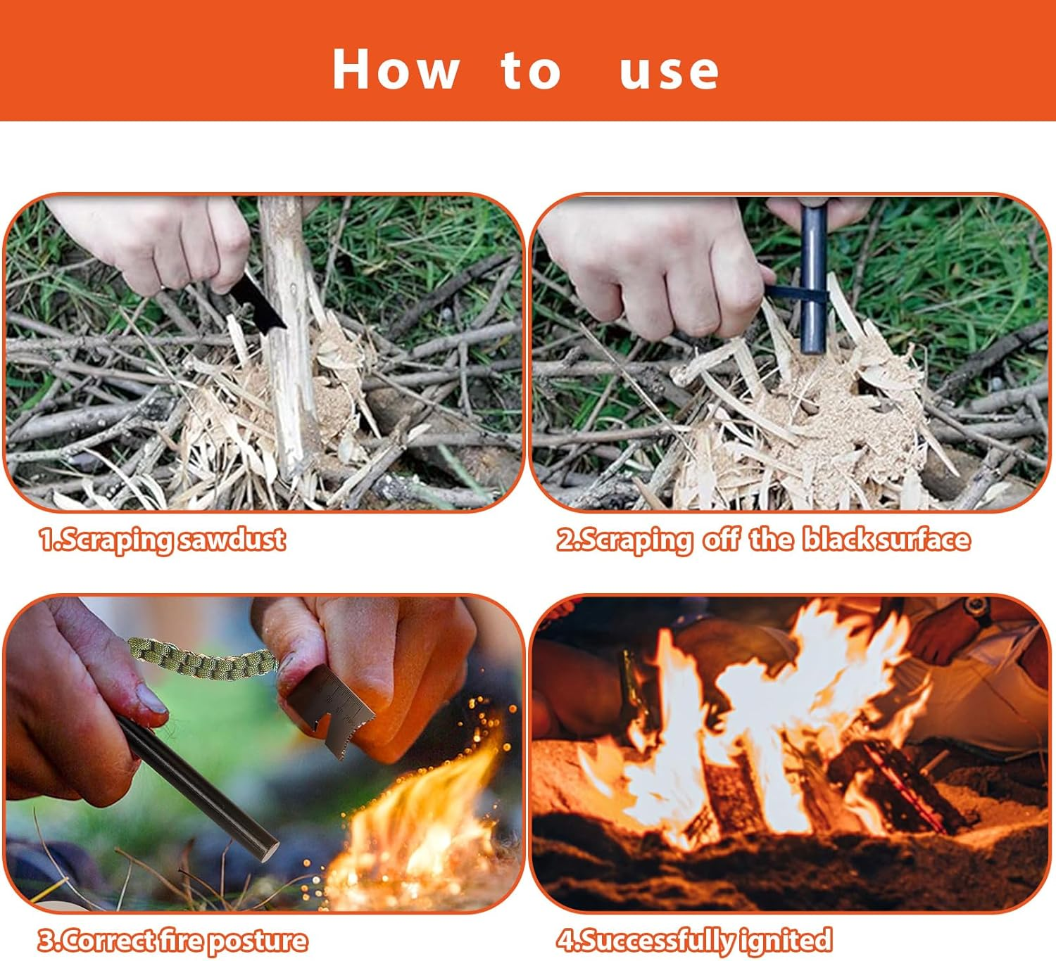 Fire Starter Survival Tool, 4 Inch Flint Steel Drilled Fire Starter 2Pcs with Paracord Lanyard Handle and Ruler for Emergency Survival, Hiking, Camping image number 4