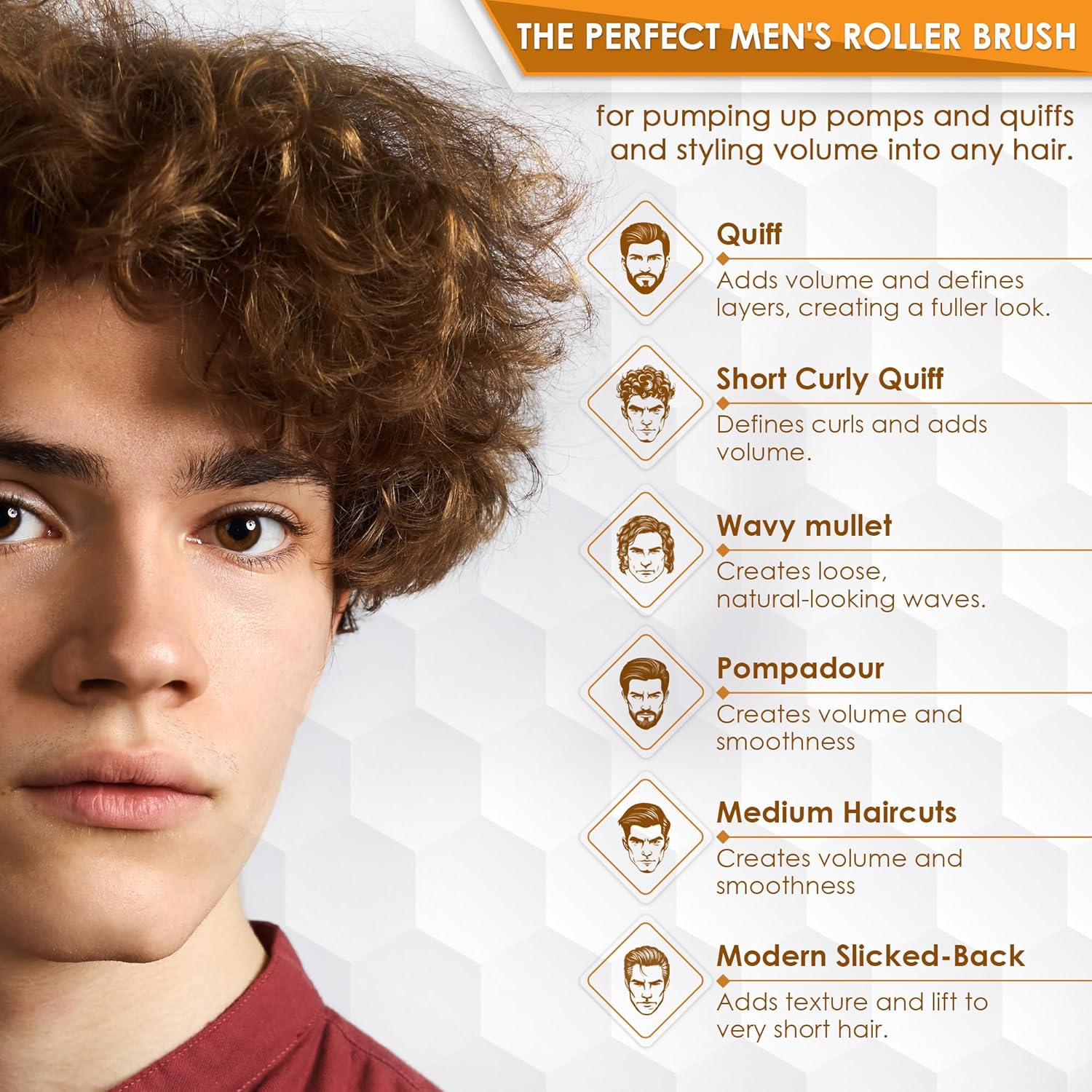 Kobe Professional Quiff Roller Small round Hair Brush with Red Rubber Grip Handle - Slick Back, Curly, Ideal round Hair Brush for Men and Barbers