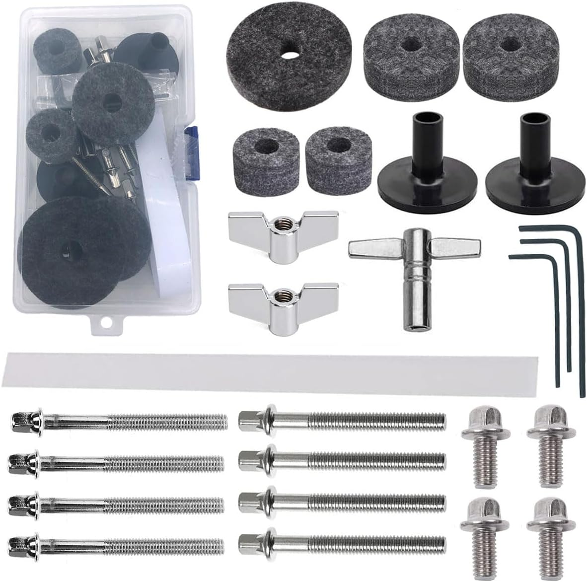 Drummers Survival Hardware Kit 9Pcs Cymbal Parts Cymbal Sleeves Felts Hi Hat Clutch Hi Hat Cup Wing Nut, 12Pcs Drum Tension Rods M6X60 M6X50 M6X15 Mm, 1Pcs Drum Tuning Key, 1Pcs Snare Straps image number 2