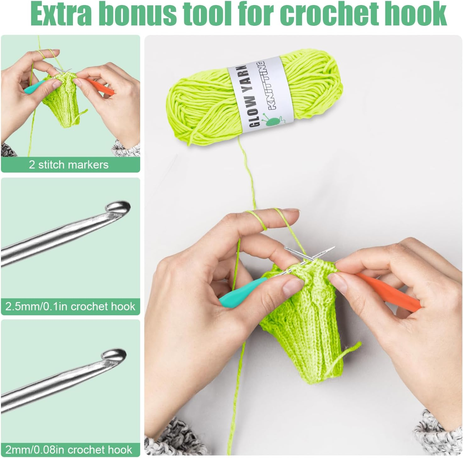 5 Rolls Glow in the Dark Yarn, Luminous Crochet Yarn with 2 Crochet Hooks Soft Versatile Neon Crochet Yarn for Sewing Thread Arts Crafts Party Supplies image number 5