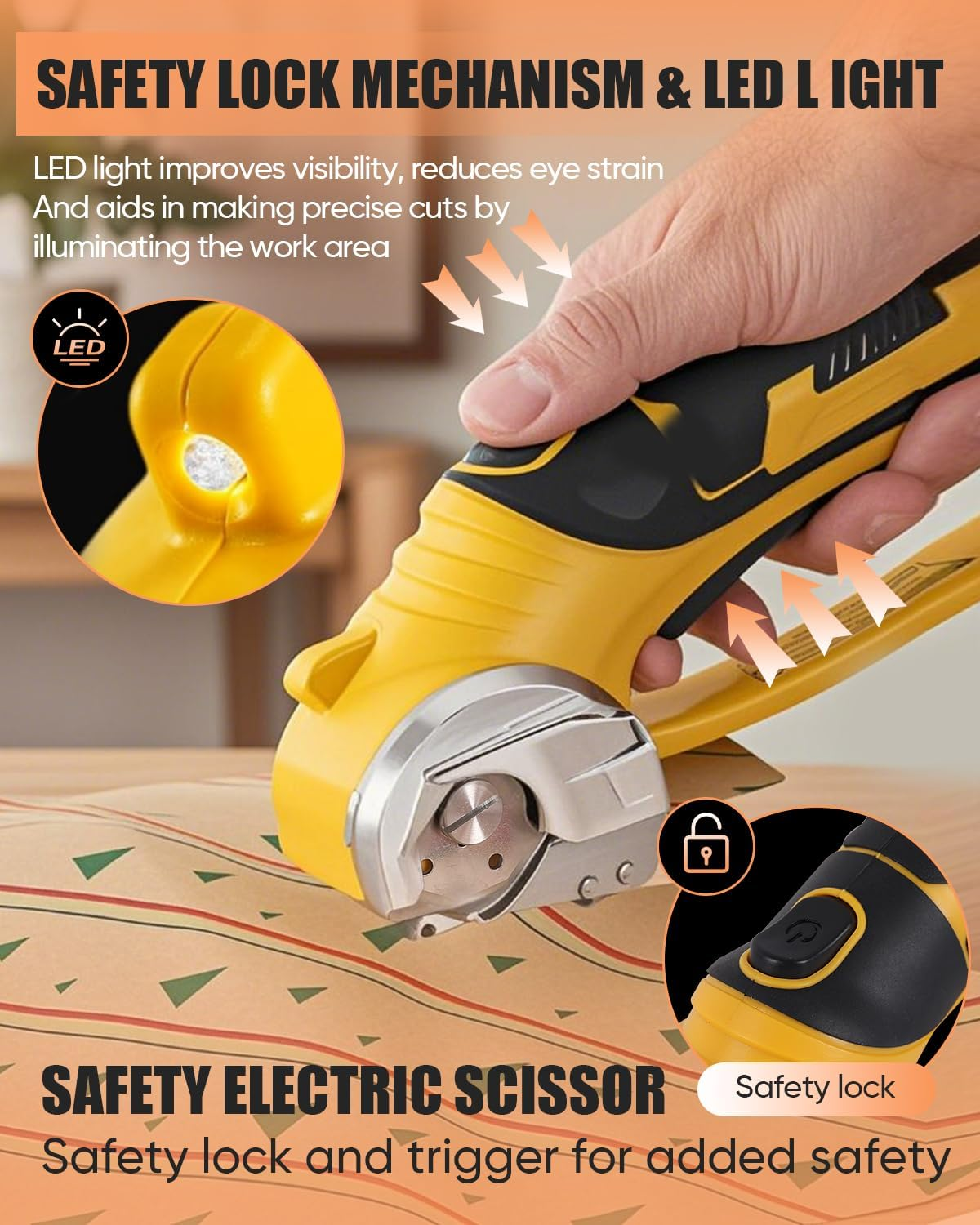 Cordless Electric Scissors, 4V Rechargeable Fabric Cutter with Safety Lock & Light, Heavy Duty Power Rotary Cutter for Leather, Carpet, Cardboard, Sewing & Crafting, 2 X Blades (Yellow) image number 6
