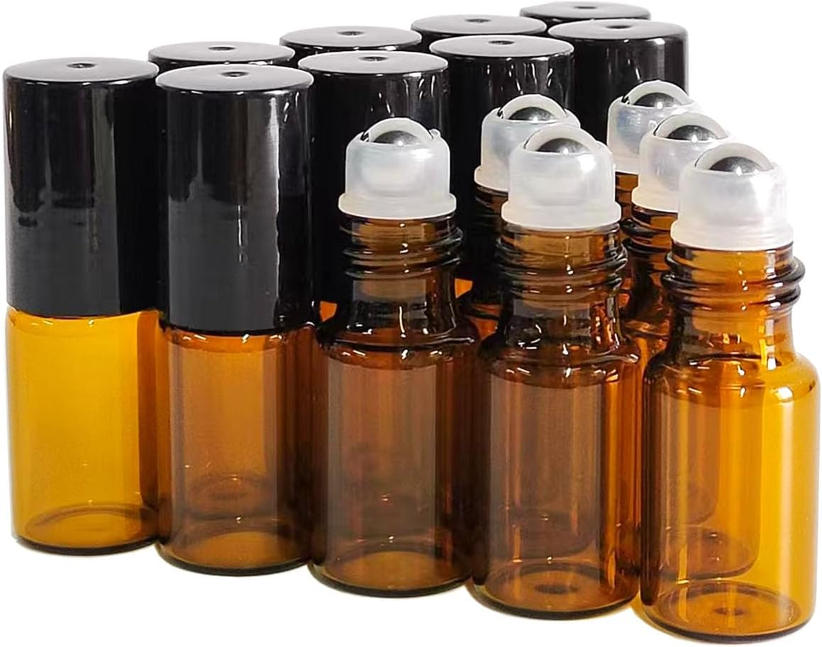 50 PCS 3Ml Amber Glass Roller Bottle,Essential Oil Sample Vials with Stainless Steel Roller Ball,Black Caps,For Travel Perfume Cosmetics Small Container(2 Funnels, 2 Dropper, 1 Opener) (3Ml) image number 2