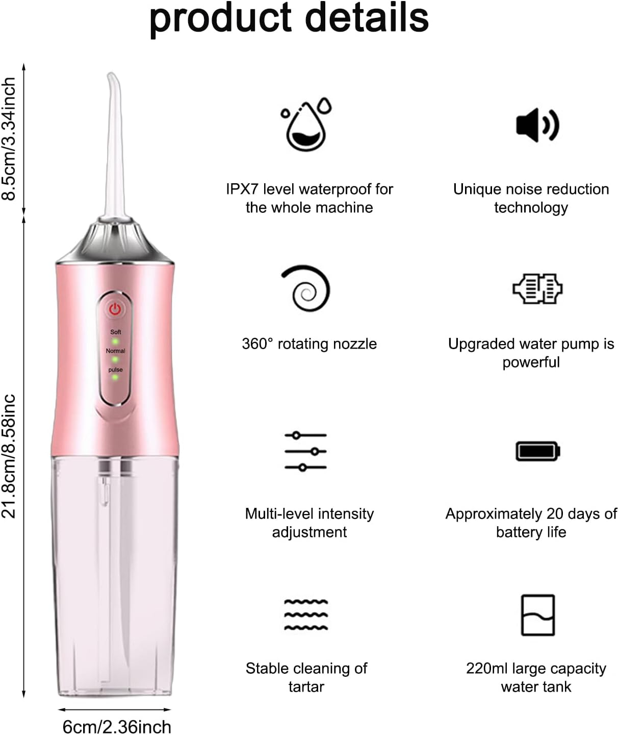 GIOD Water Flosser, Cordless Dental Oral Irrigator, Electric Portable Smart Tooth Cleaner, IPX7 Waterproof Rechargeable Dental Care with 3 Pressure Modes 4 Nozzles, 240Ml for Home and Travel (Pink) image number 5